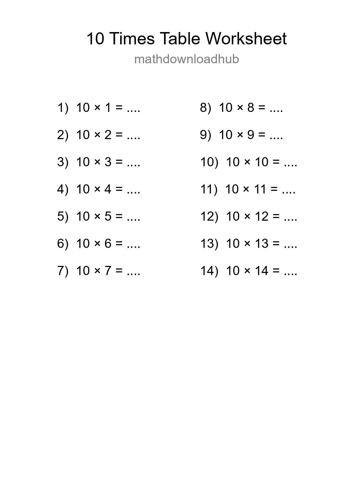 10 Times Table Worksheet For Grade 3 - Part 152