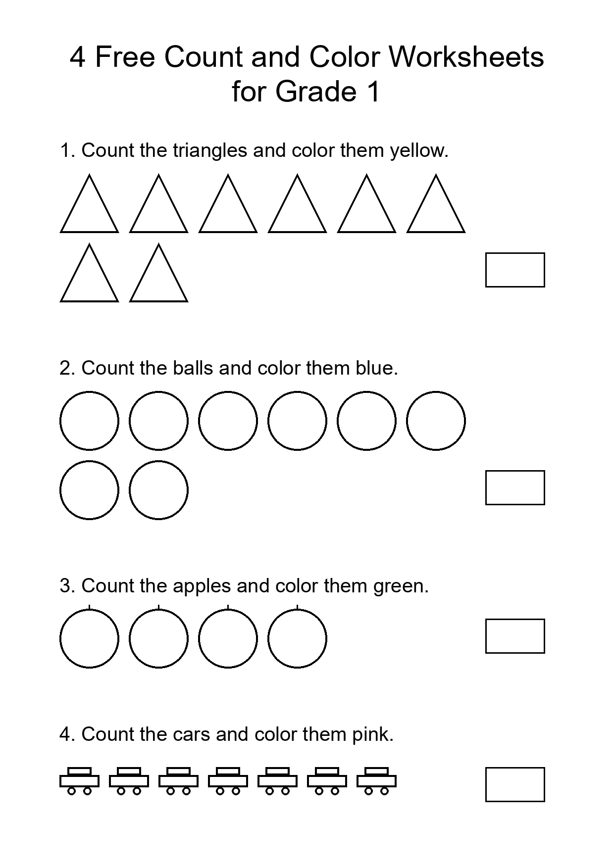 4 Free Count and Color Worksheets for Grade 1