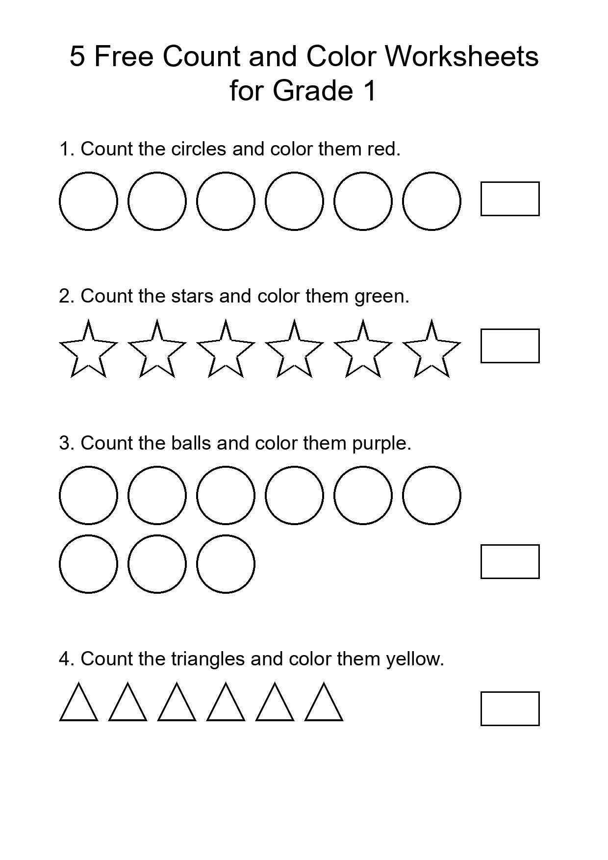 5 Free Count and Color Worksheets for Grade 1