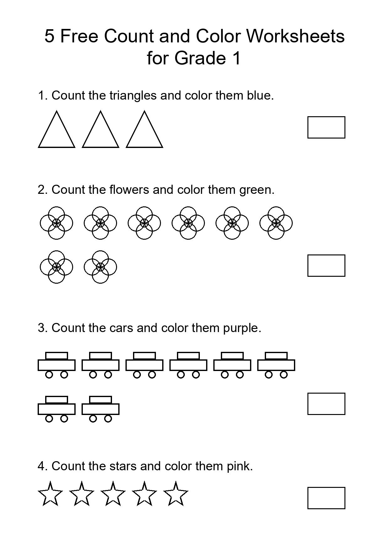 5 Free Count and Color Worksheets for Grade 1