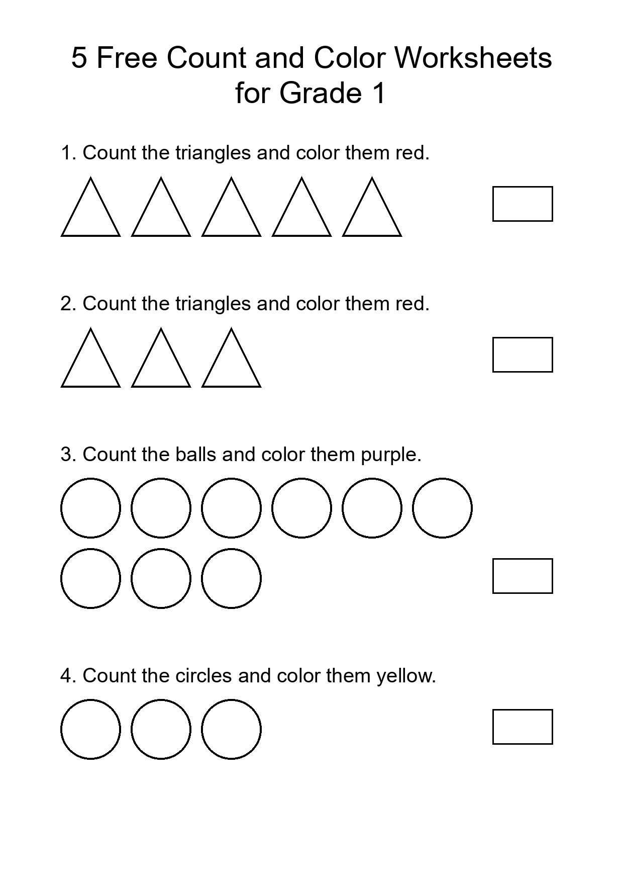 5 Free Count and Color Worksheets for Grade 1