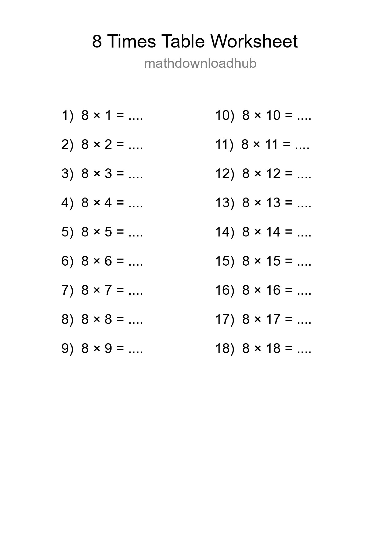 8 Times Table Worksheet For Grade 3 With Answers - Part 229