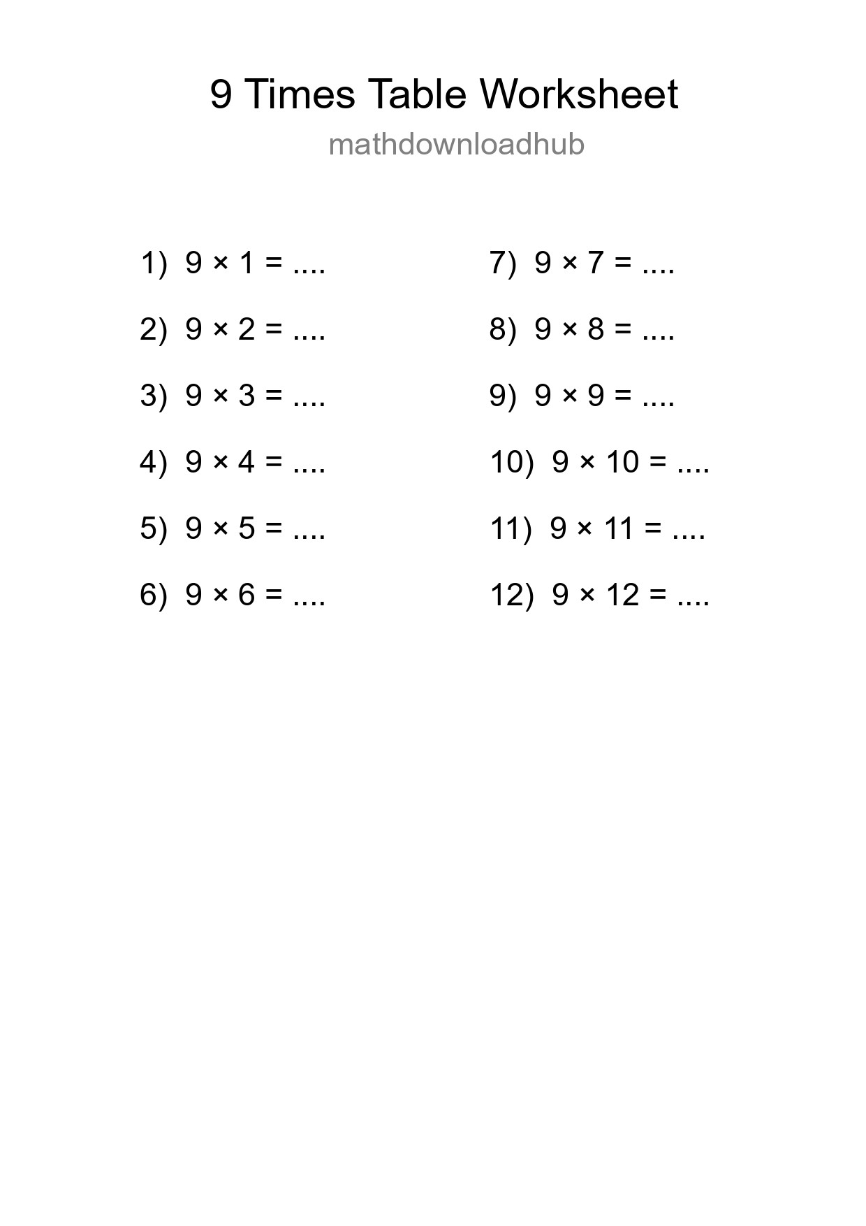 9 Times Table Worksheet For Grade 3 - Part 20