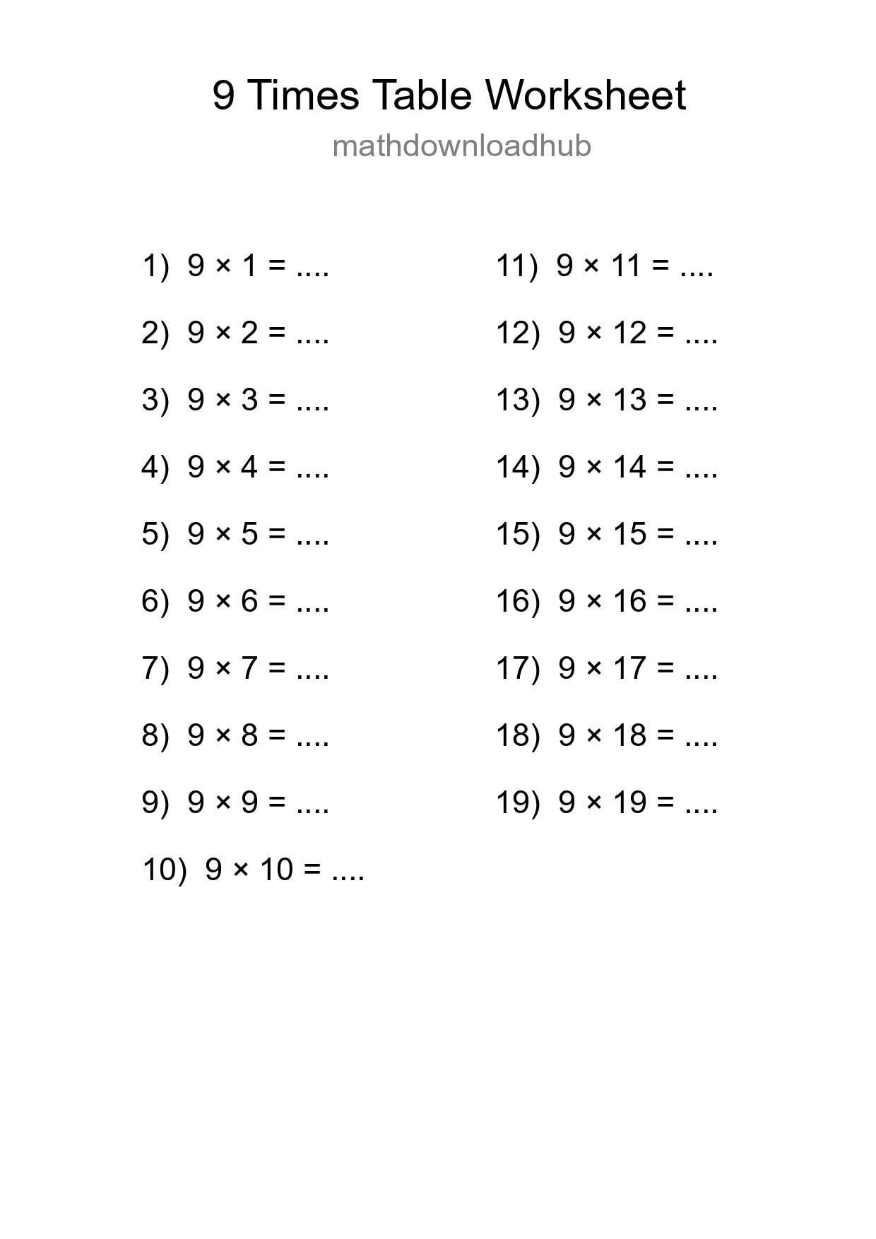 9 Times Table Worksheet For Grade 3 With Answers - Part 207