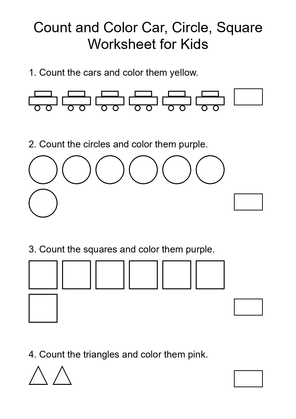 Count and Color Car, Circle, Square Worksheet for Kids