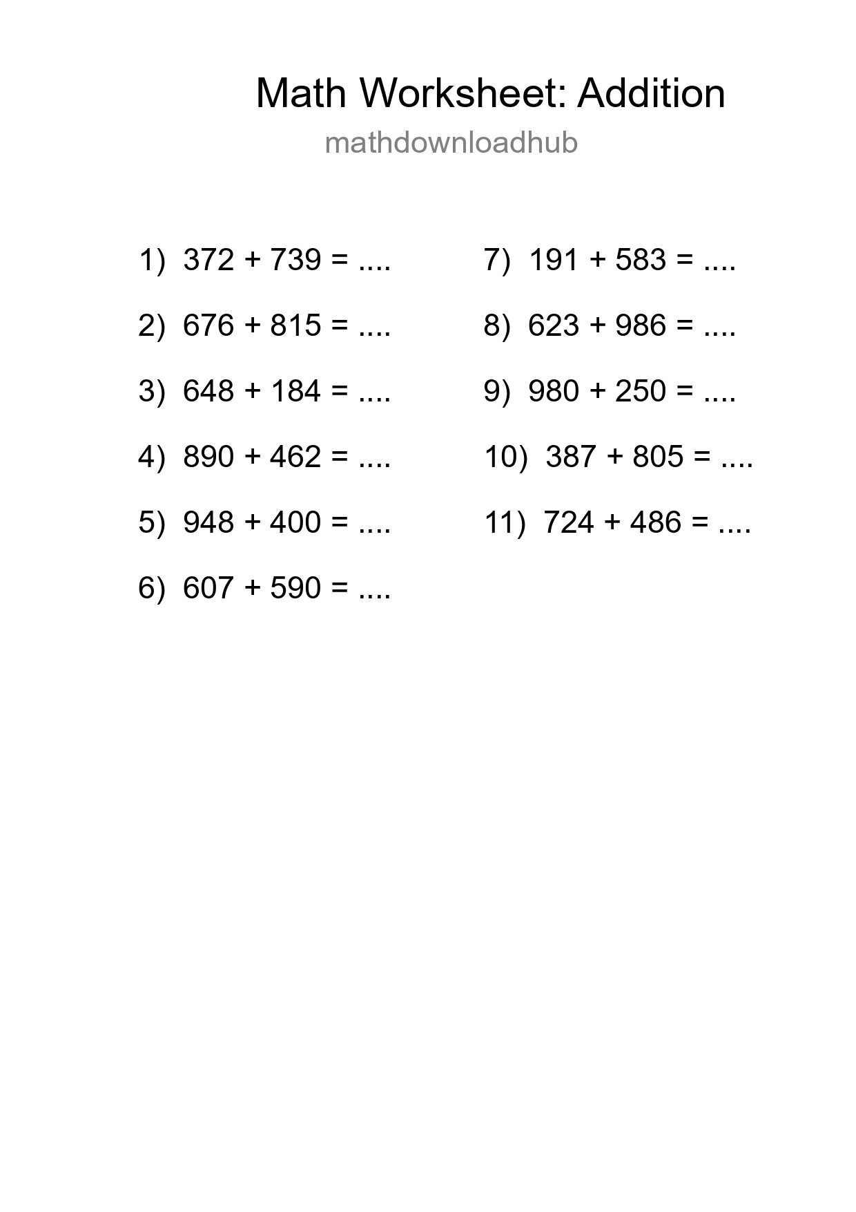Free 11 Addition Math Worksheet For Grade 5 With Answers - Part 155