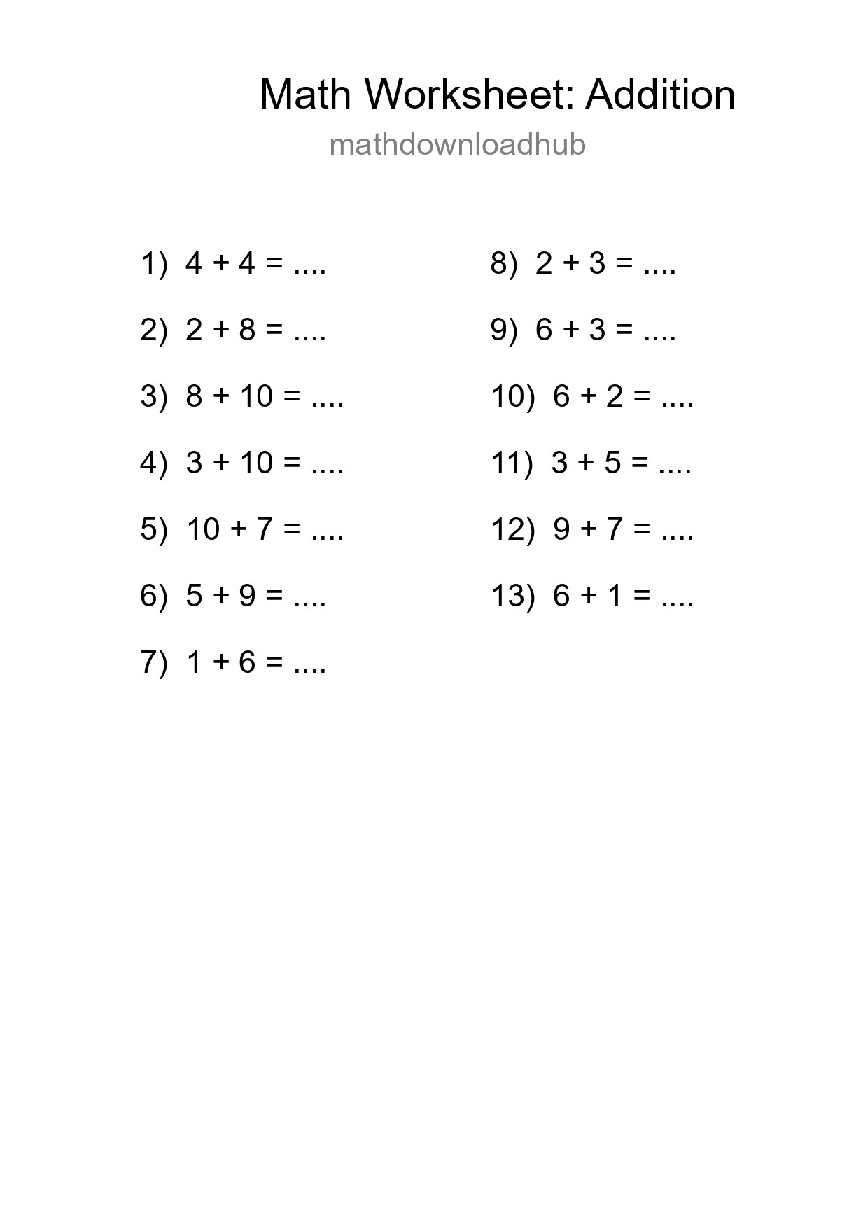 Free 13 Addition Math Worksheet For Grade 1 - Part 34