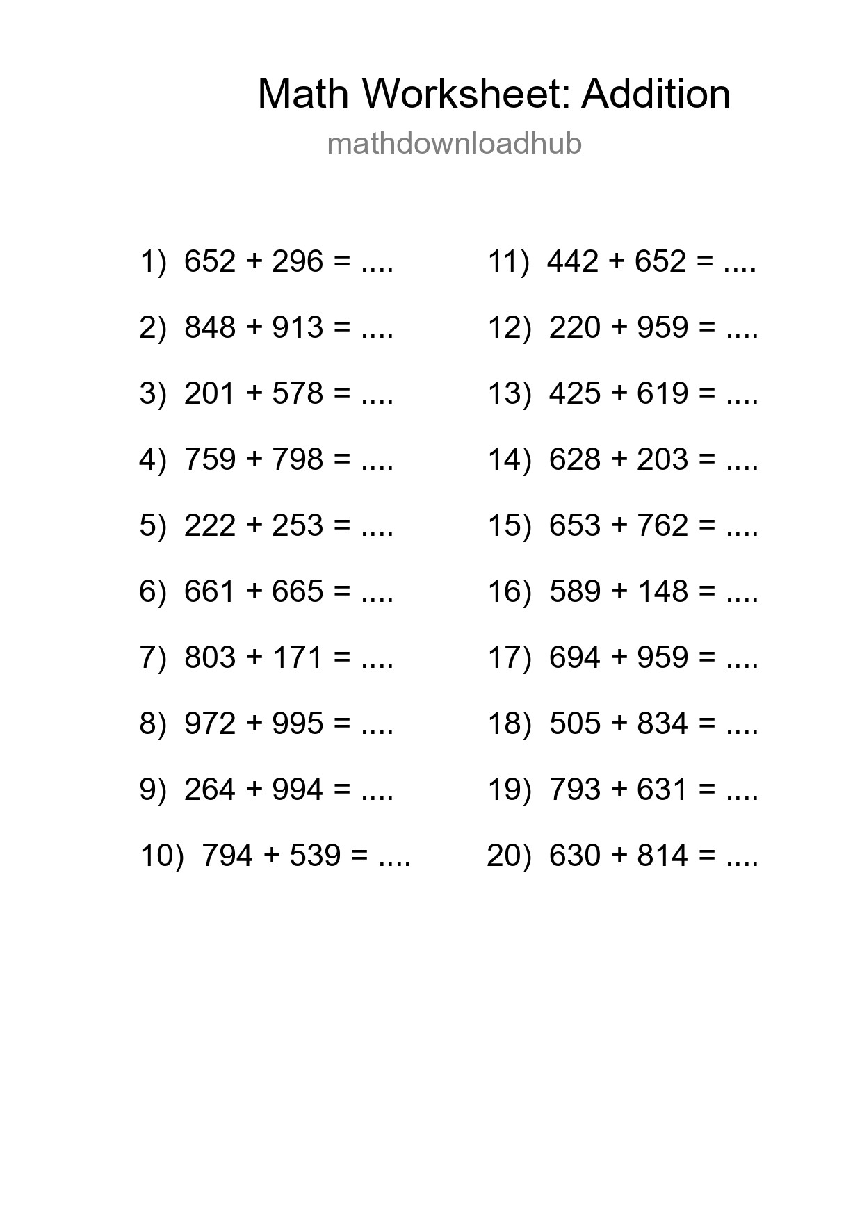 Free 20 Addition Math Worksheet For Grade 5 - Part 254