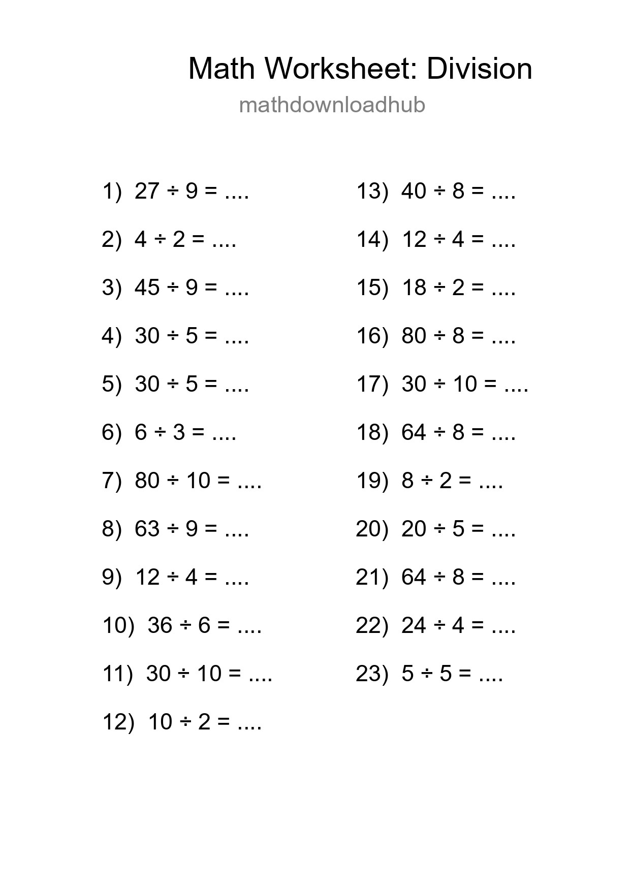 Free 23 Division Math Worksheet For Grade 1 With Answers - Part 15