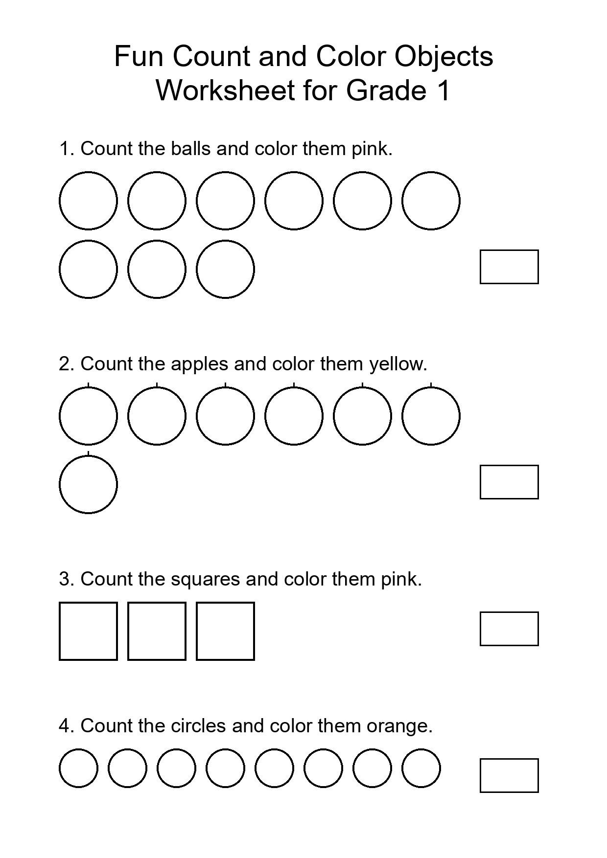 Fun Count and Color Objects Worksheet for Grade 1