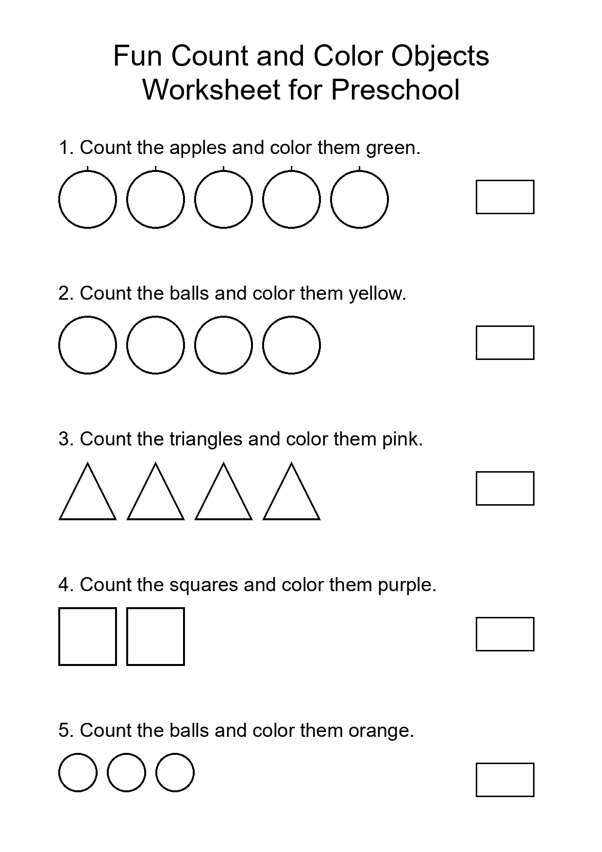 Fun Count and Color Objects Worksheet for Preschool