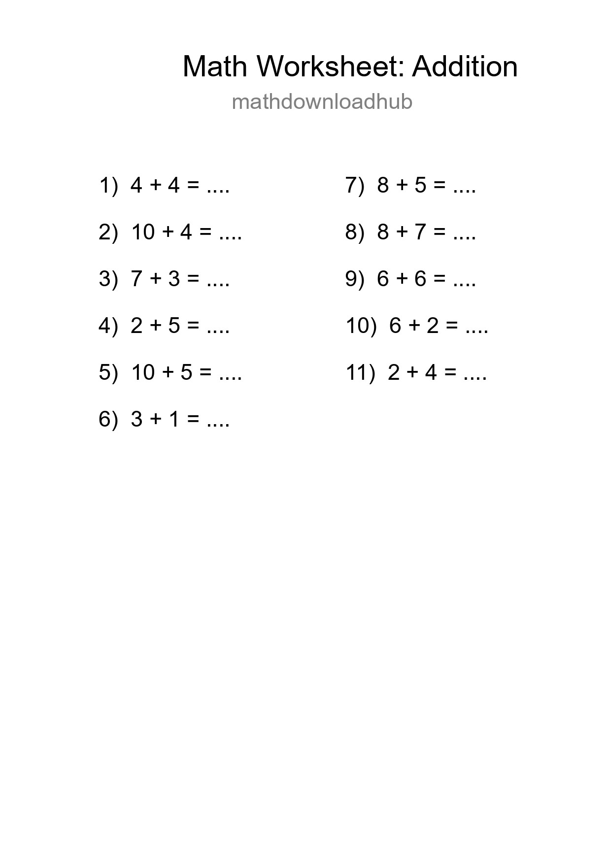 Grade 1 Addition Practice Worksheet (11 Problems) - Part 122
