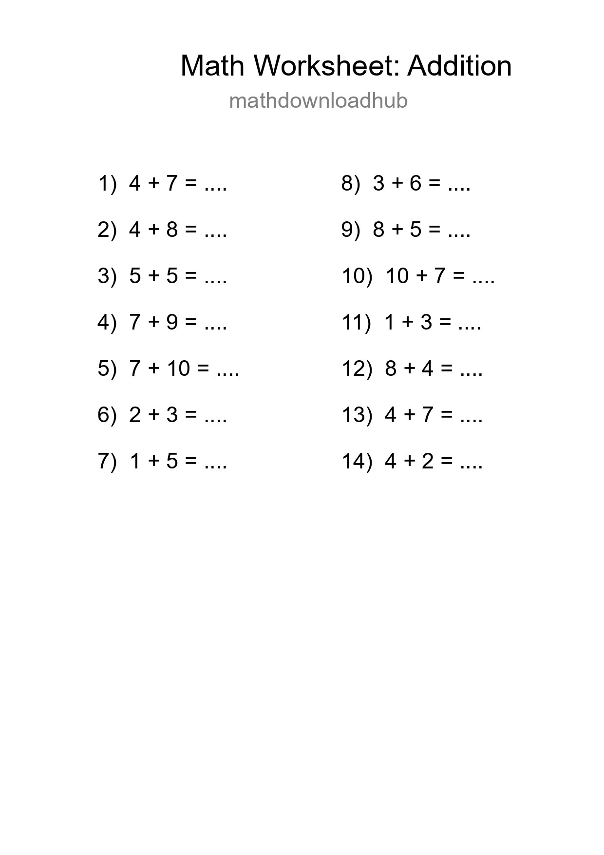 Grade 1 Addition Practice Worksheet (14 Problems) - Part 78