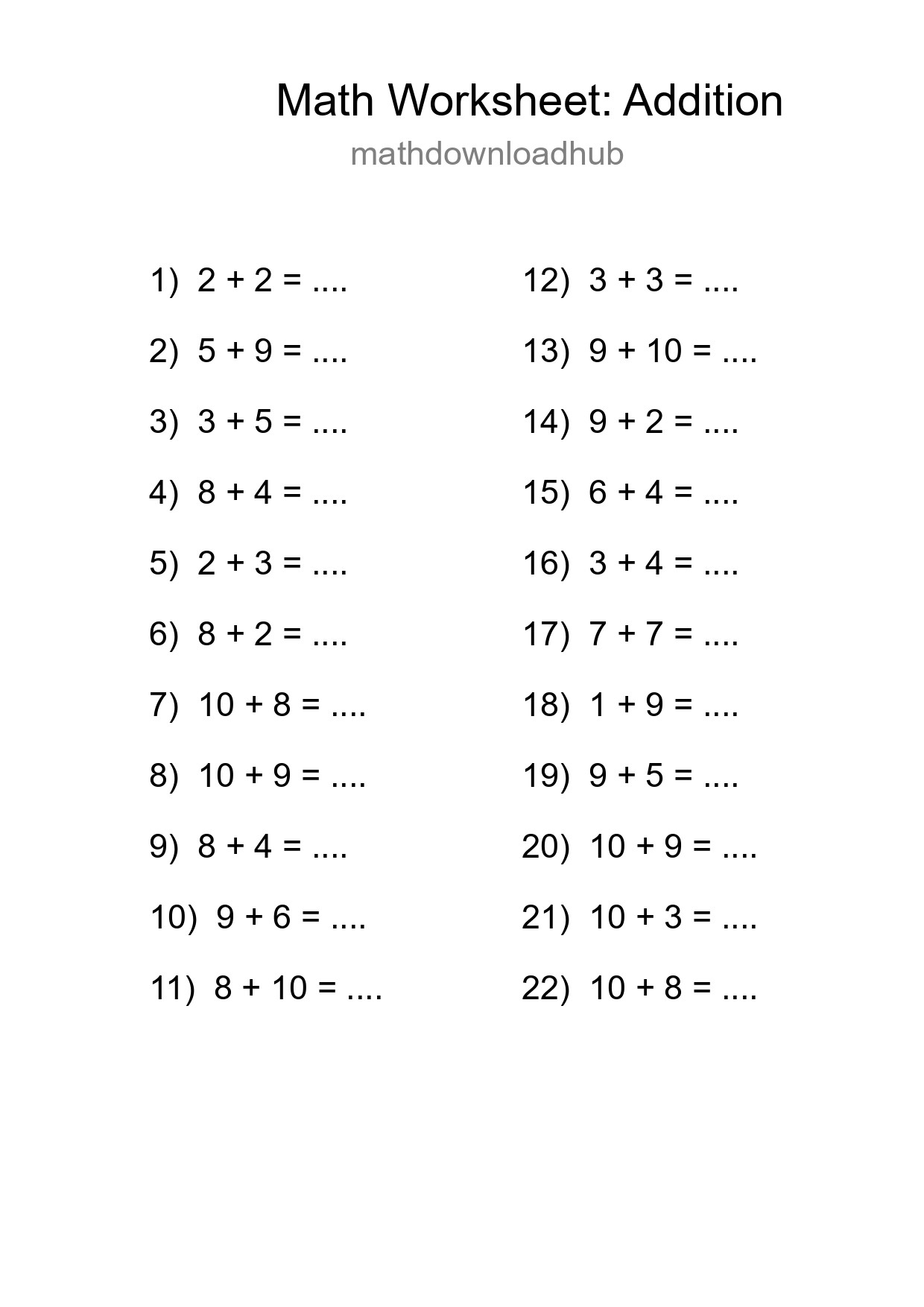 Grade 1 Addition Practice Worksheet (22 Problems) - Part 276