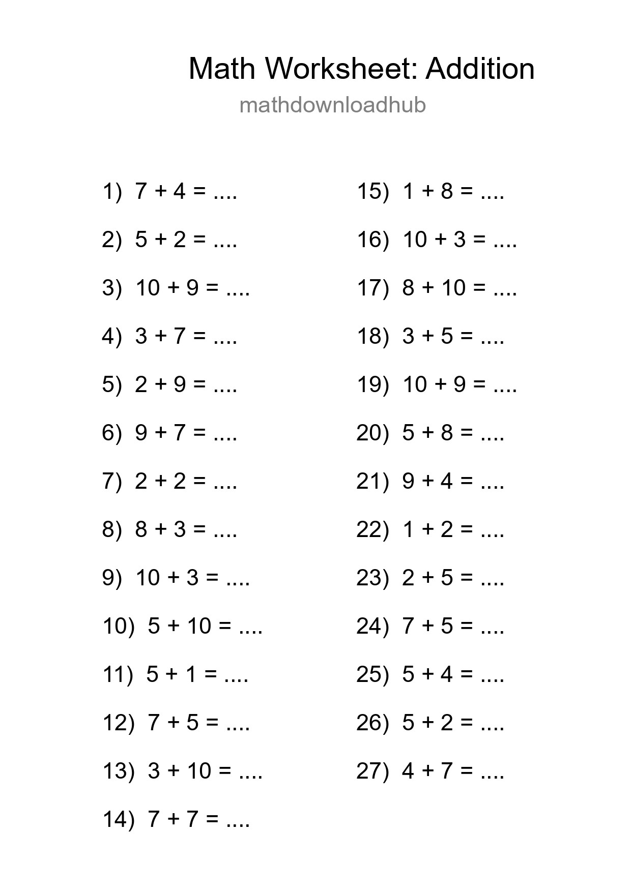 Grade 1 Addition Practice Worksheet (27 Problems) - Part 166