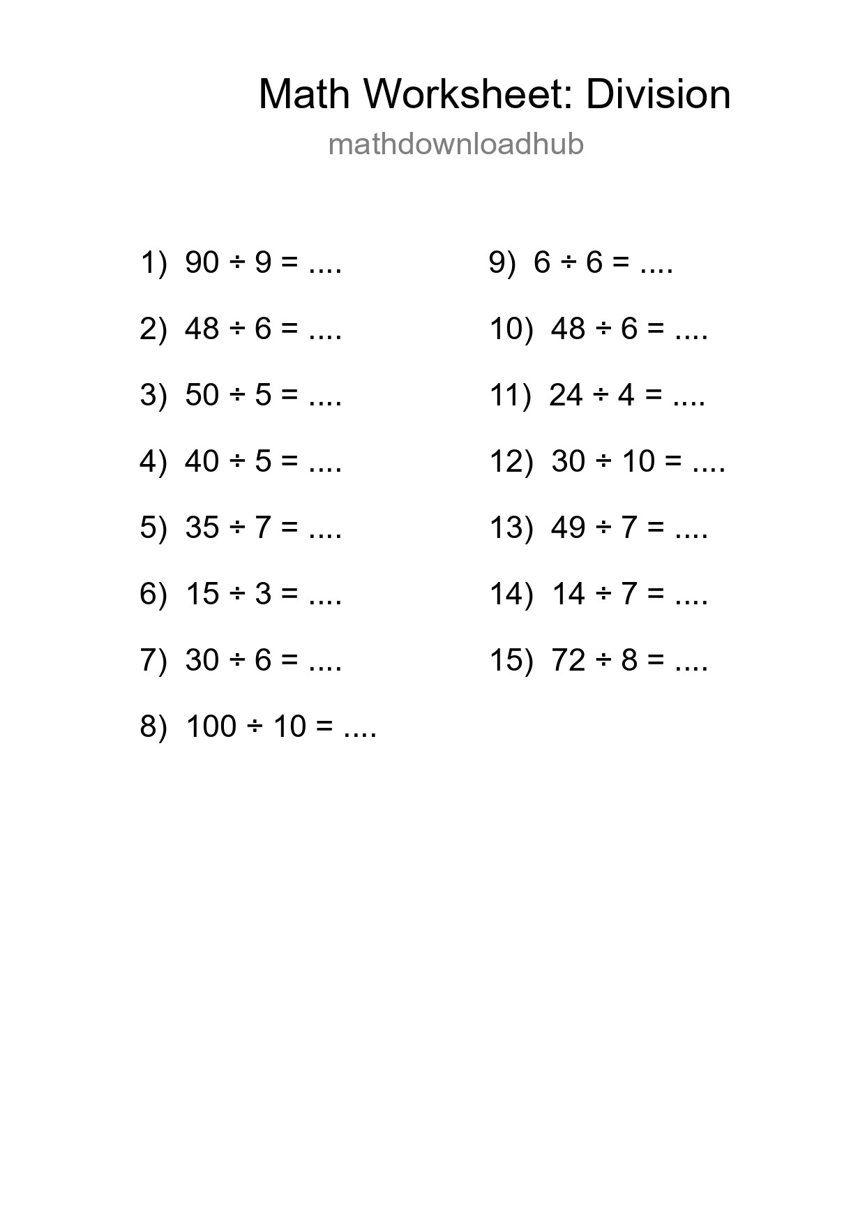 Grade 1 Division Practice Worksheet (15 Problems) - Part 191