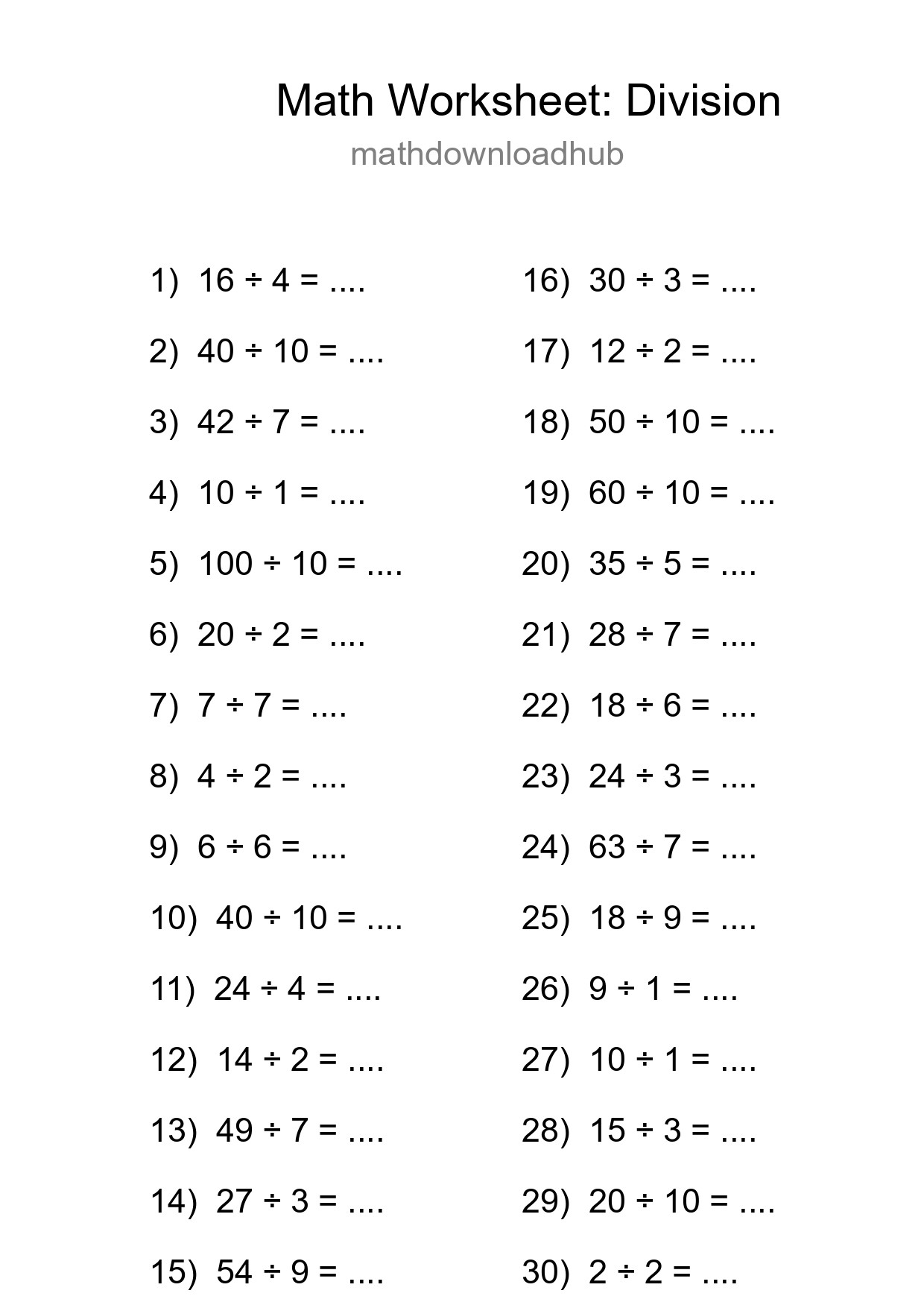 Grade 1 Division Practice Worksheet (30 Problems) - Part 4
