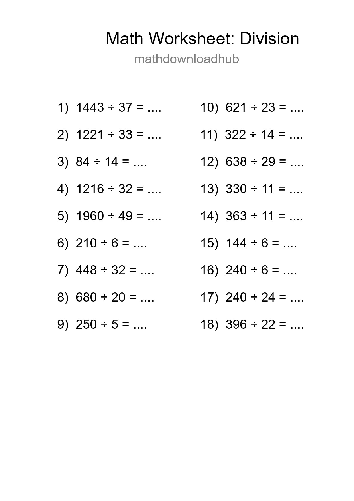 Grade 2 Division Practice Worksheet (18 Problems) - Part 125