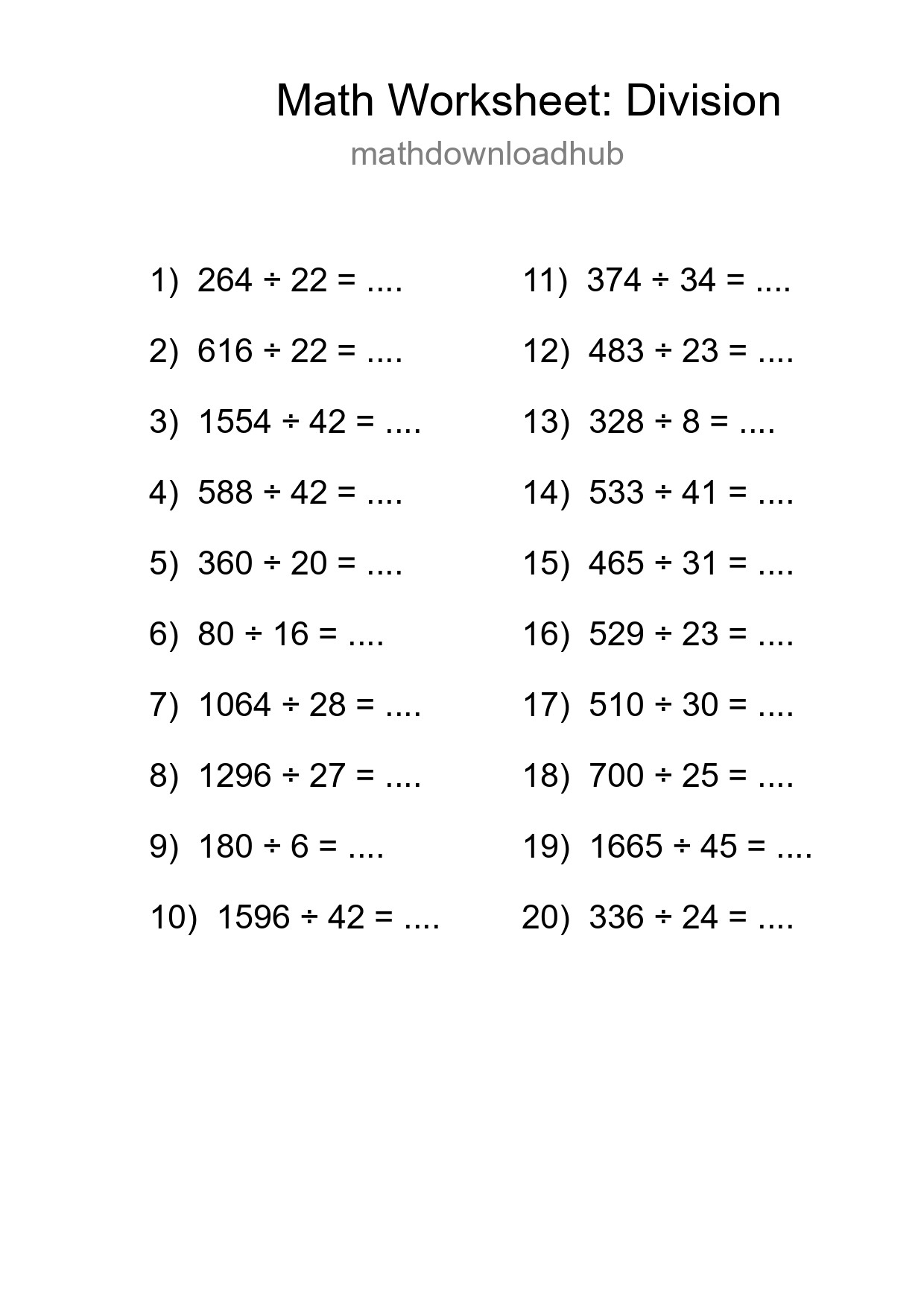 Grade 2 Division Practice Worksheet (20 Problems) - Part 70