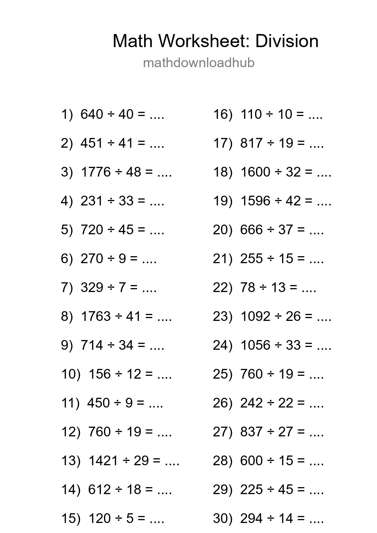 Grade 2 Division Practice Worksheet (30 Problems) - Part 59
