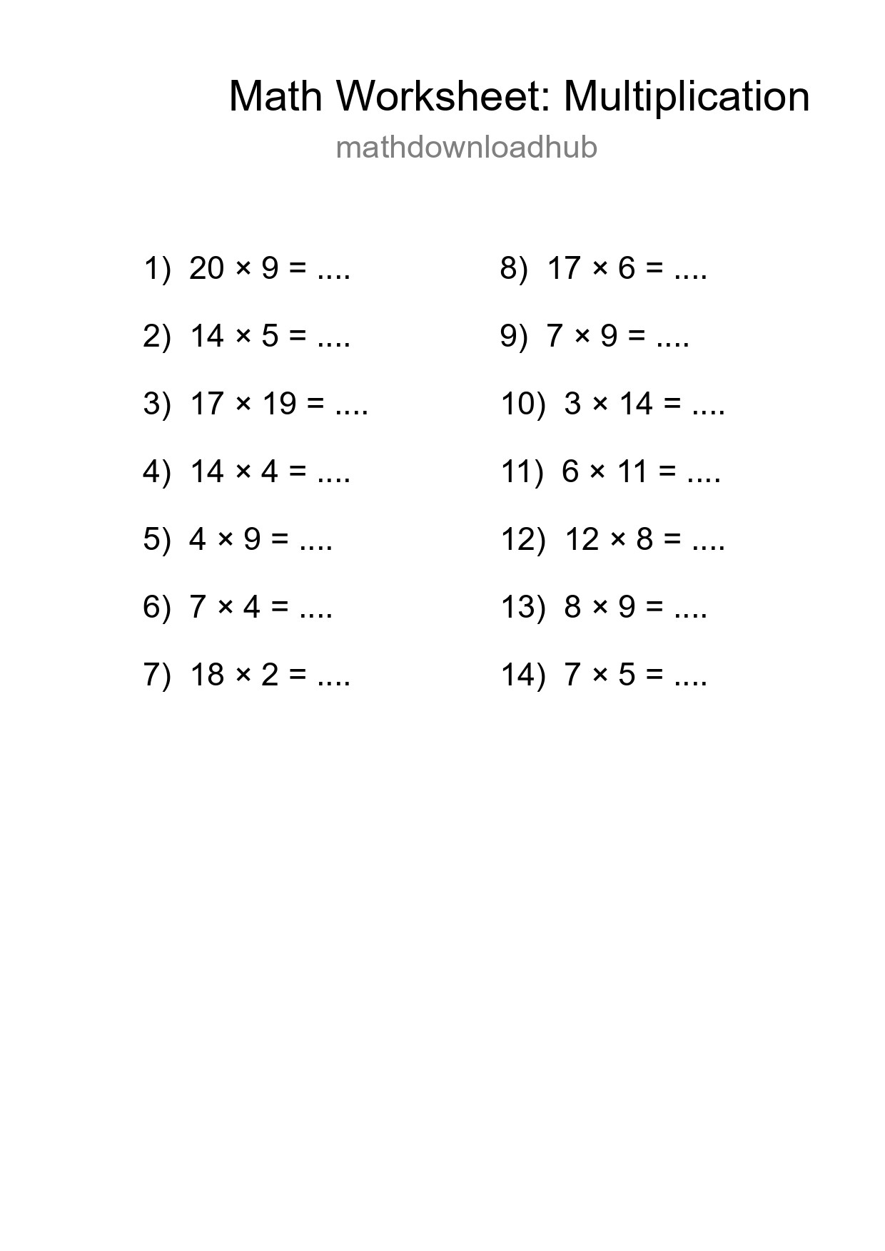 Grade 2 Multiplication Practice Worksheet (14 Problems) - Part 7