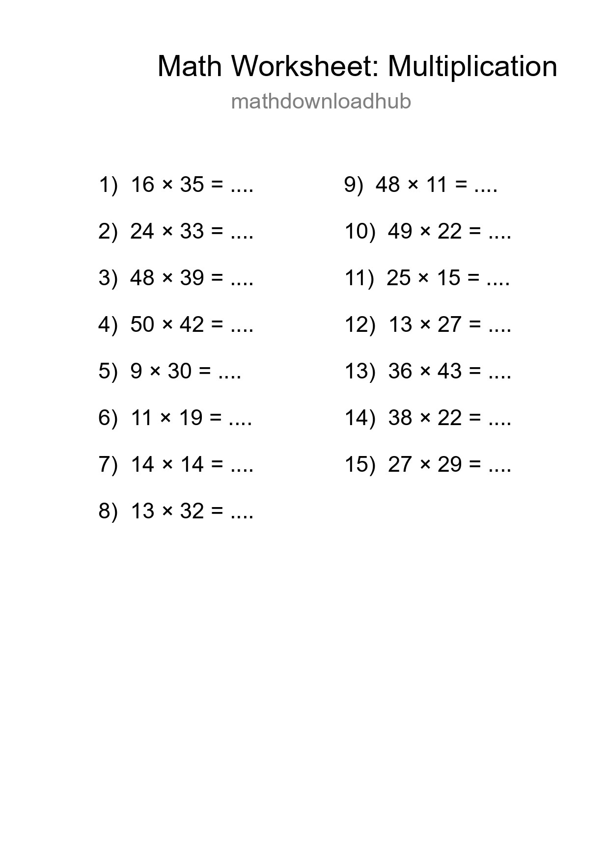 Grade 2 Multiplication Practice Worksheet (15 Problems) - Part 40