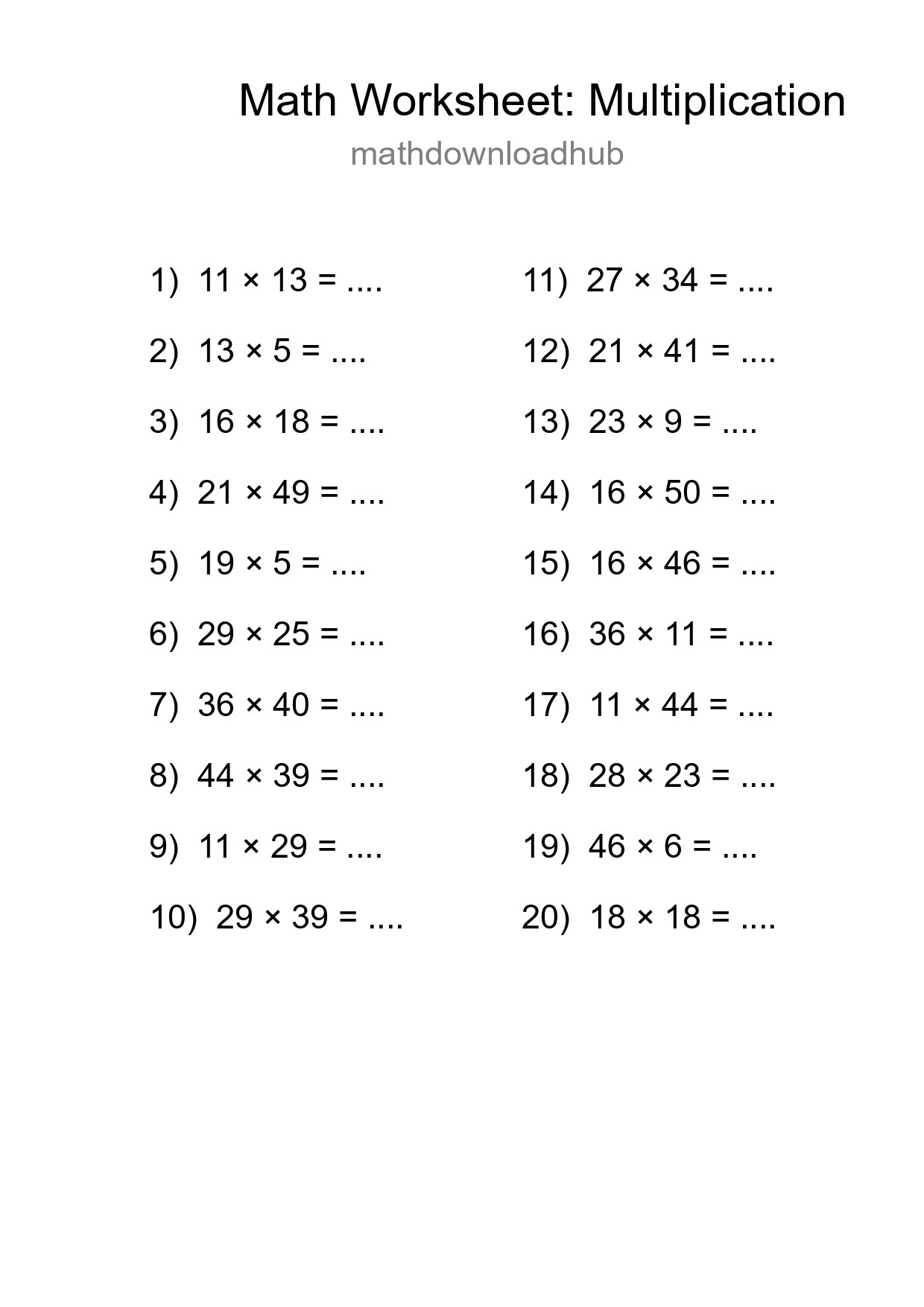 Grade 2 Multiplication Practice Worksheet (20 Problems) - Part 51