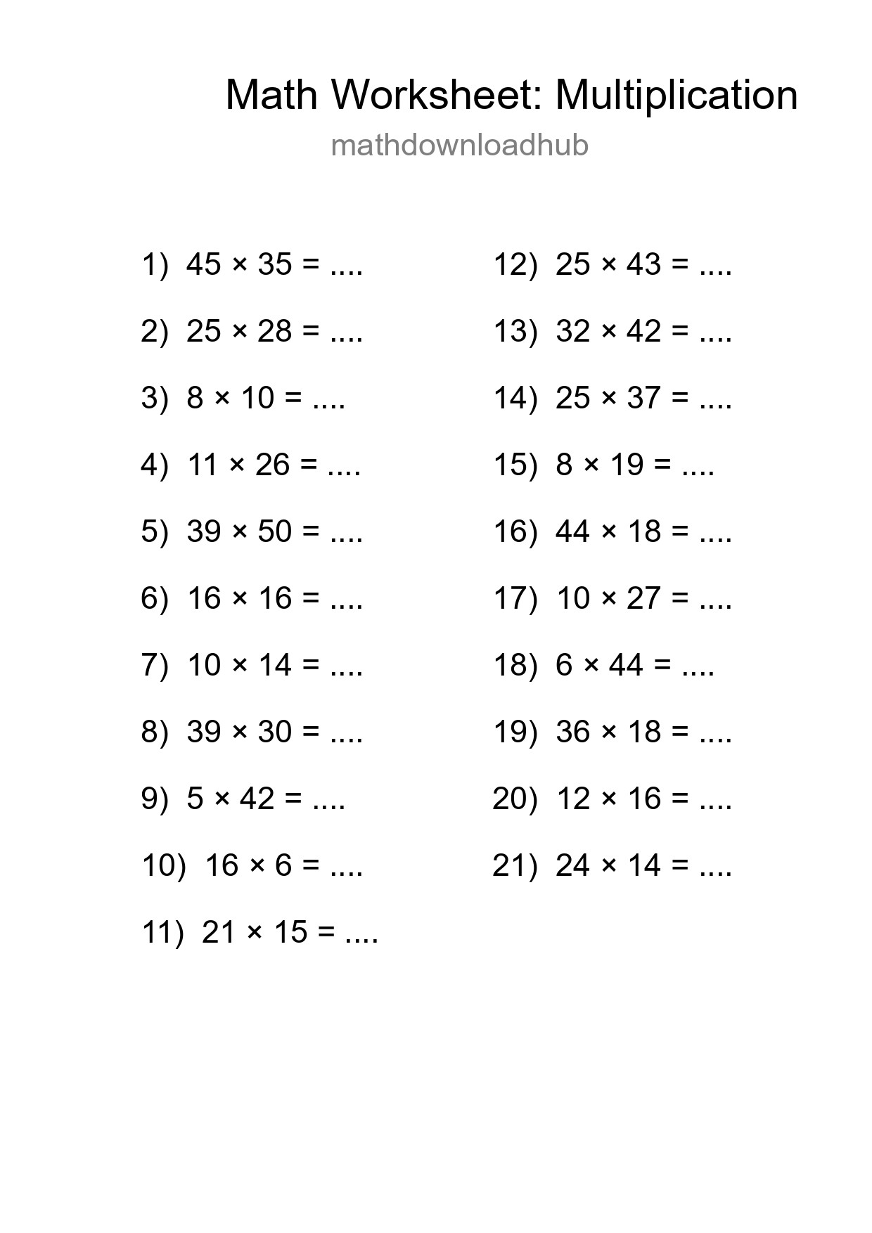 Grade 2 Multiplication Practice Worksheet (21 Problems) - Part 117