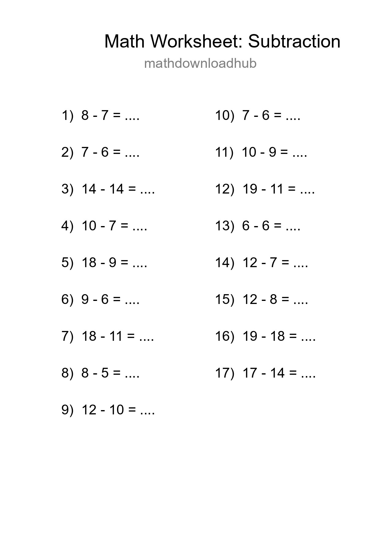 Grade 2 Subtraction Practice Worksheet (17 Problems) - Part 19