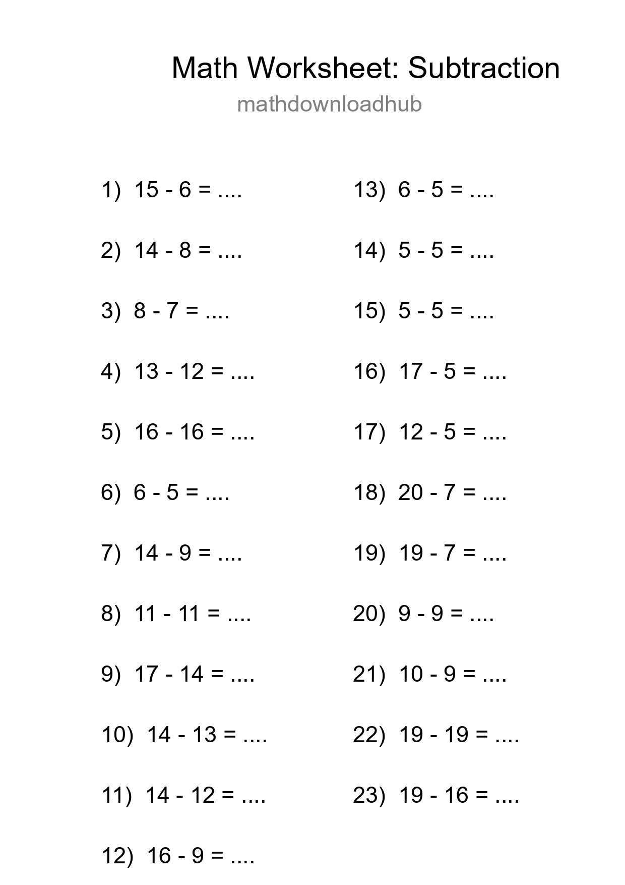 Grade 2 Subtraction Practice Worksheet (23 Problems) - Part 129