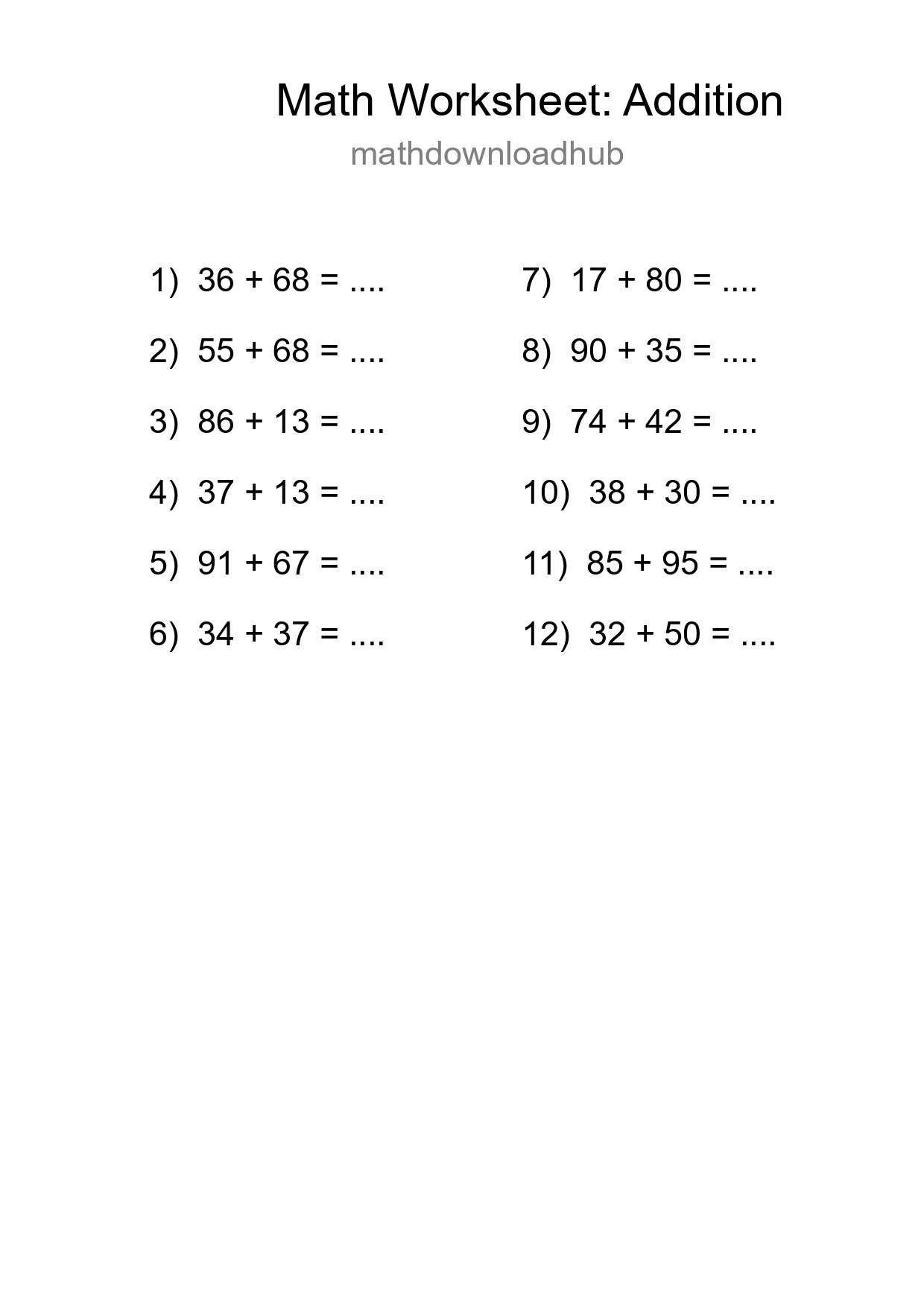Grade 3 Addition Practice Worksheet (12 Problems)