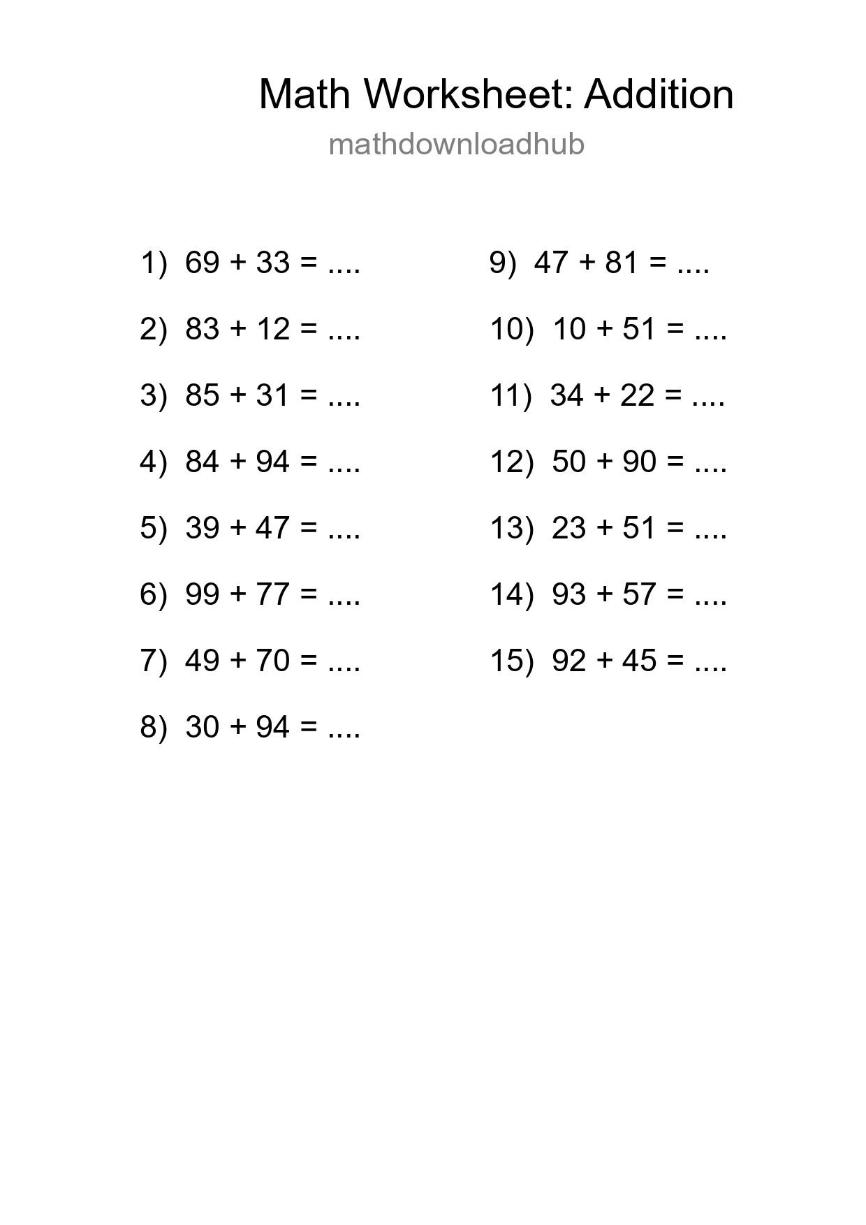 Grade 3 Addition Practice Worksheet (15 Problems) - Part 133