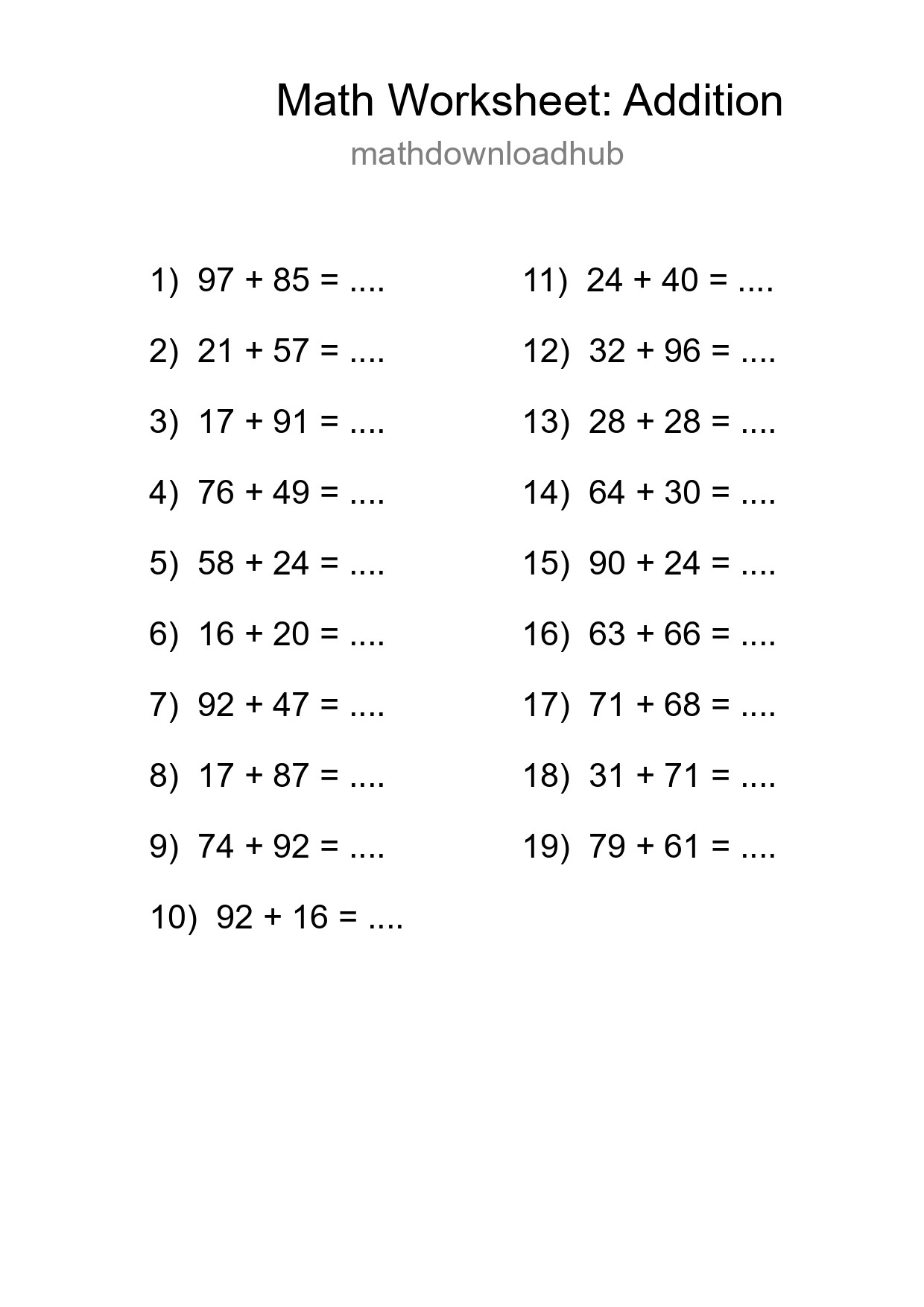 Grade 3 Addition Practice Worksheet (19 Problems) - Part 199