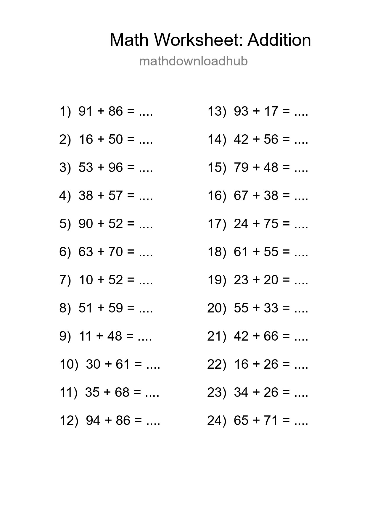 Grade 3 Addition Practice Worksheet (24 Problems) - Part 232