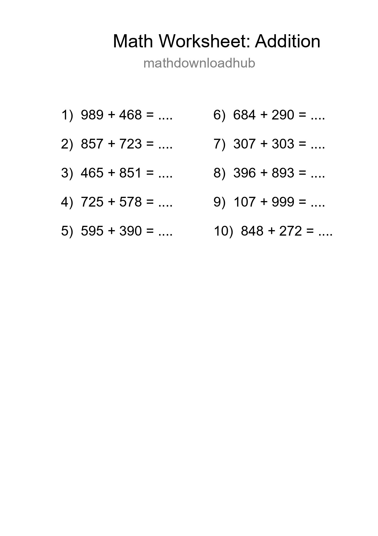 Grade 5 Addition Practice Worksheet (10 Problems) - Part 111