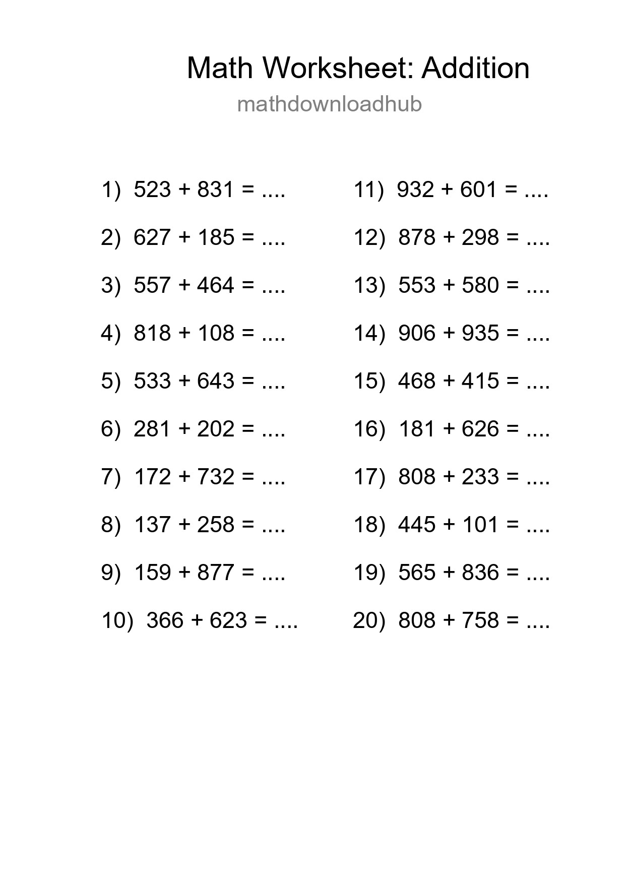 Grade 5 Addition Practice Worksheet (20 Problems) - Part 298