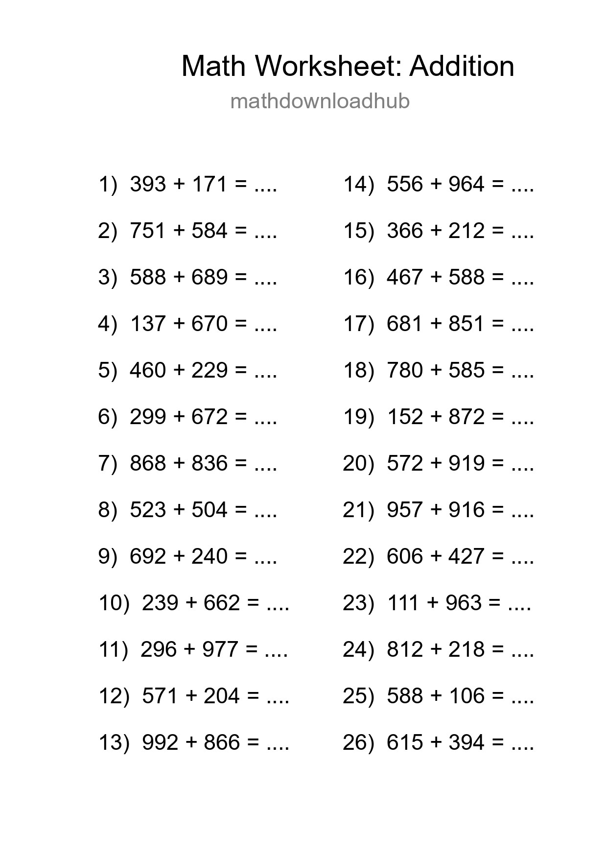 Grade 5 Addition Practice Worksheet (26 Problems) - Part 23