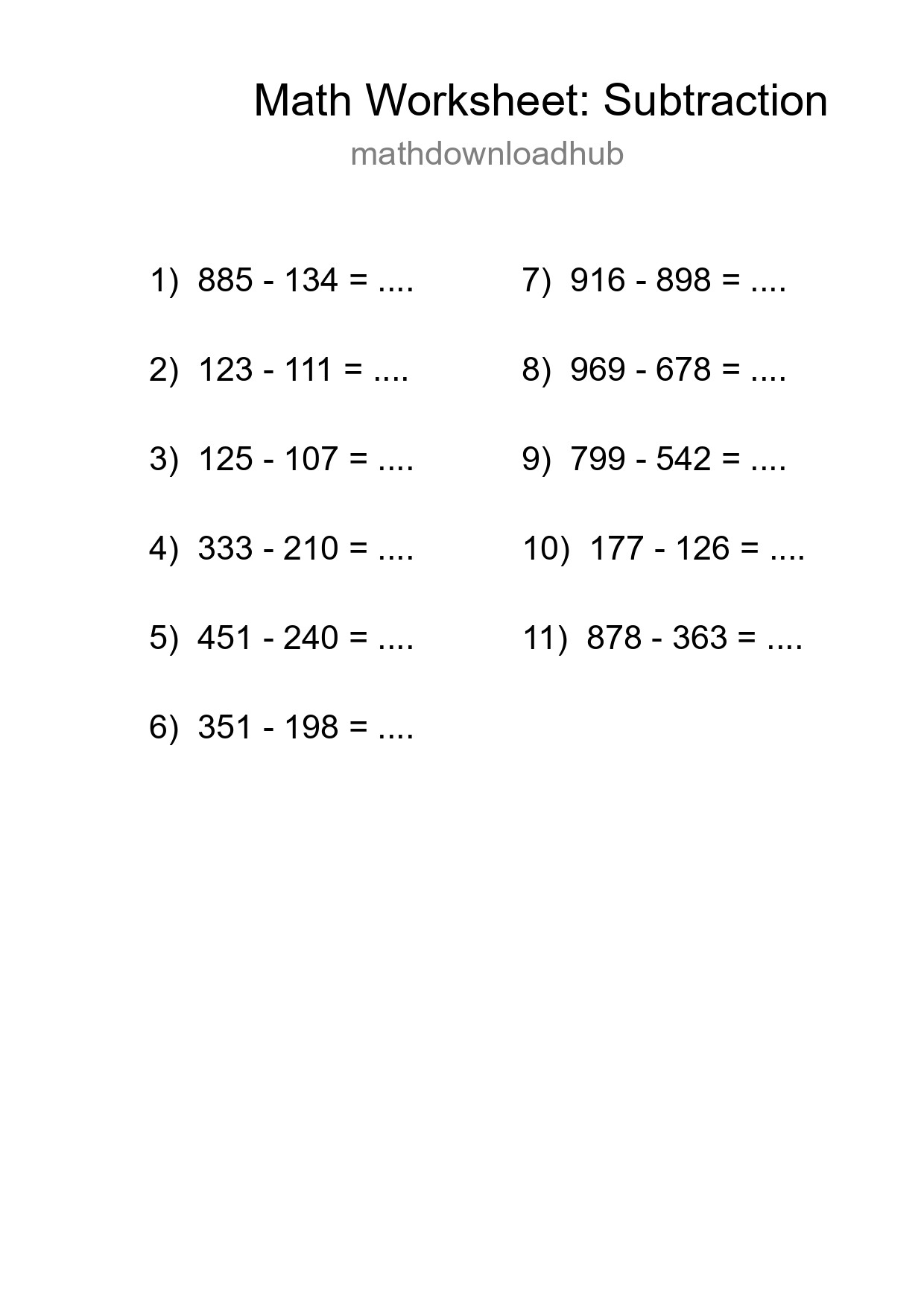 Grade 5 Subtraction Practice Worksheet (11 Problems) - Part 118