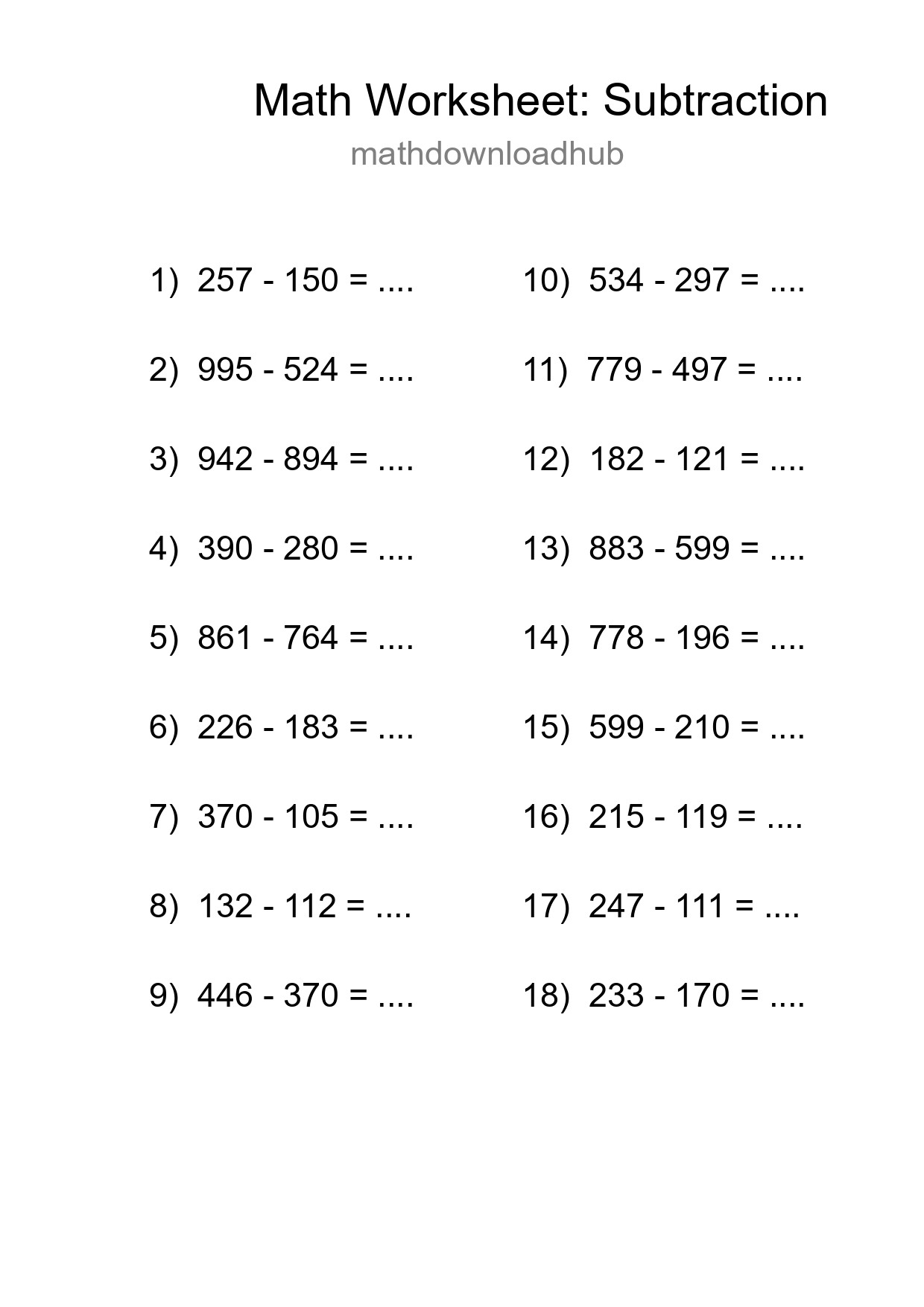 Grade 5 Subtraction Practice Worksheet (18 Problems) - Part 8