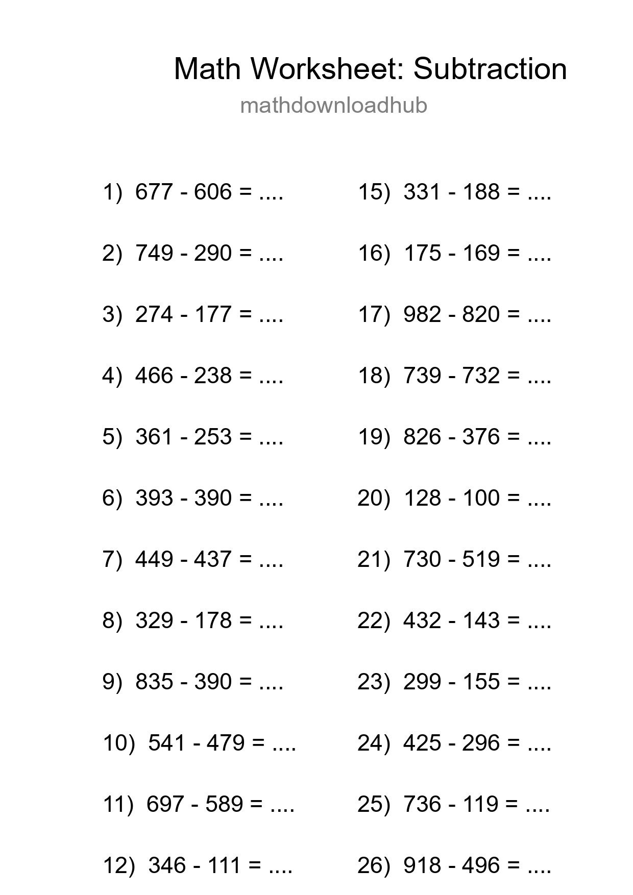 Grade 5 Subtraction Practice Worksheet (27 Problems) - Part 85