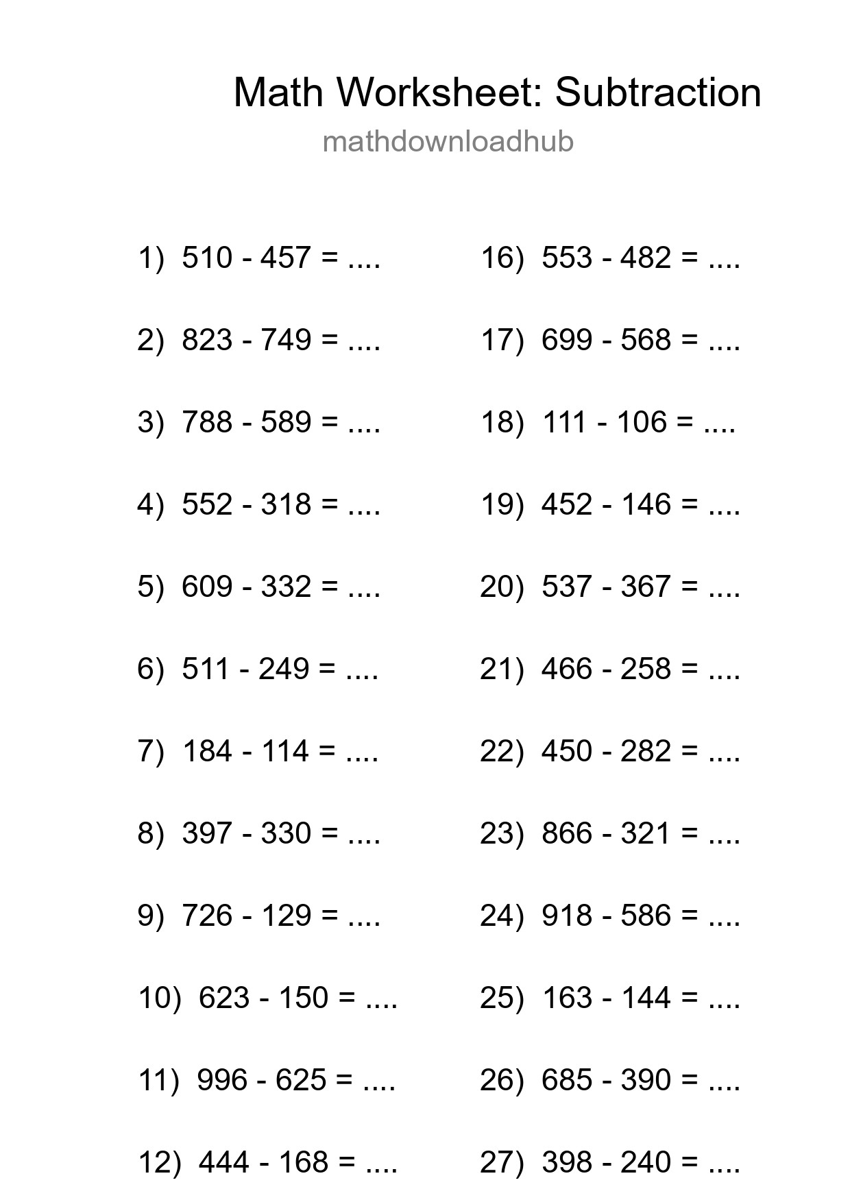 Grade 5 Subtraction Practice Worksheet (30 Problems) - Part 261