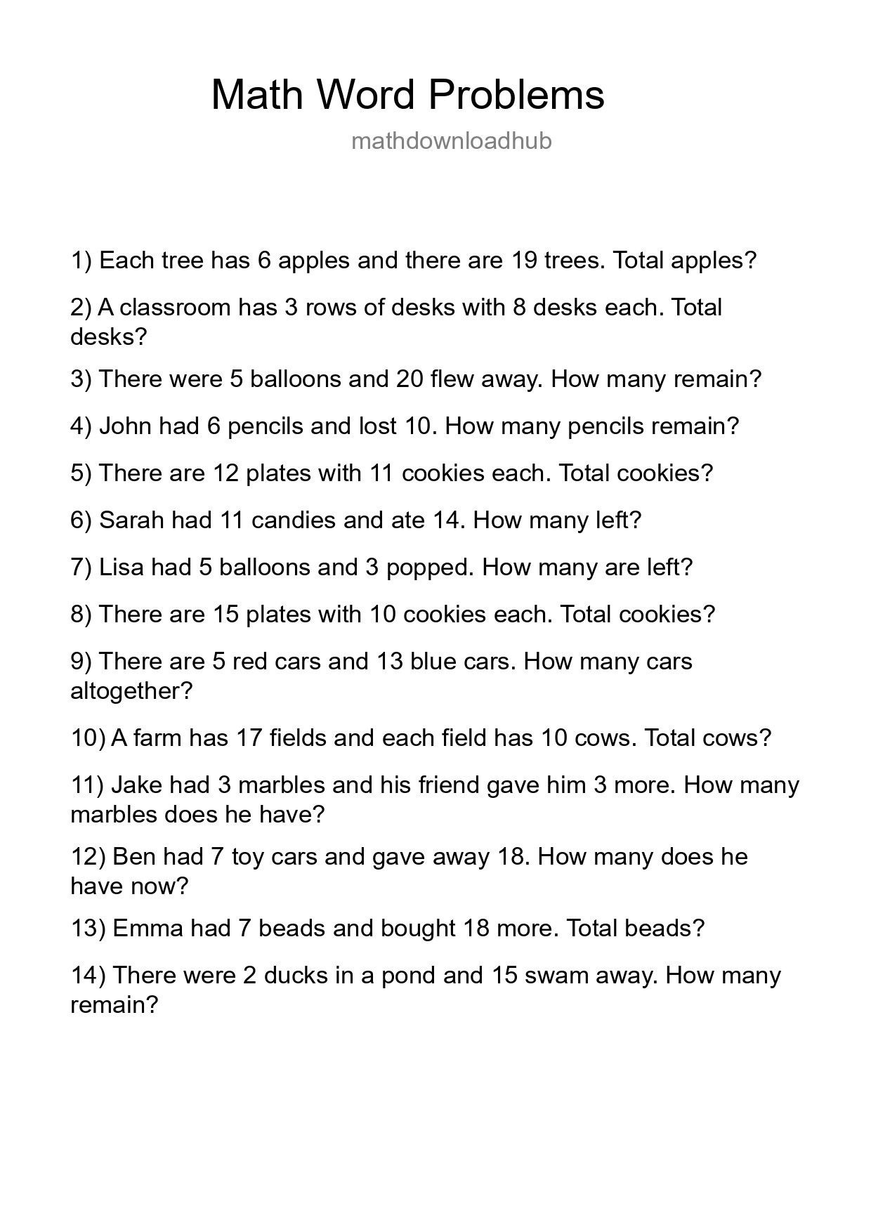 Math Word Problem Worksheet