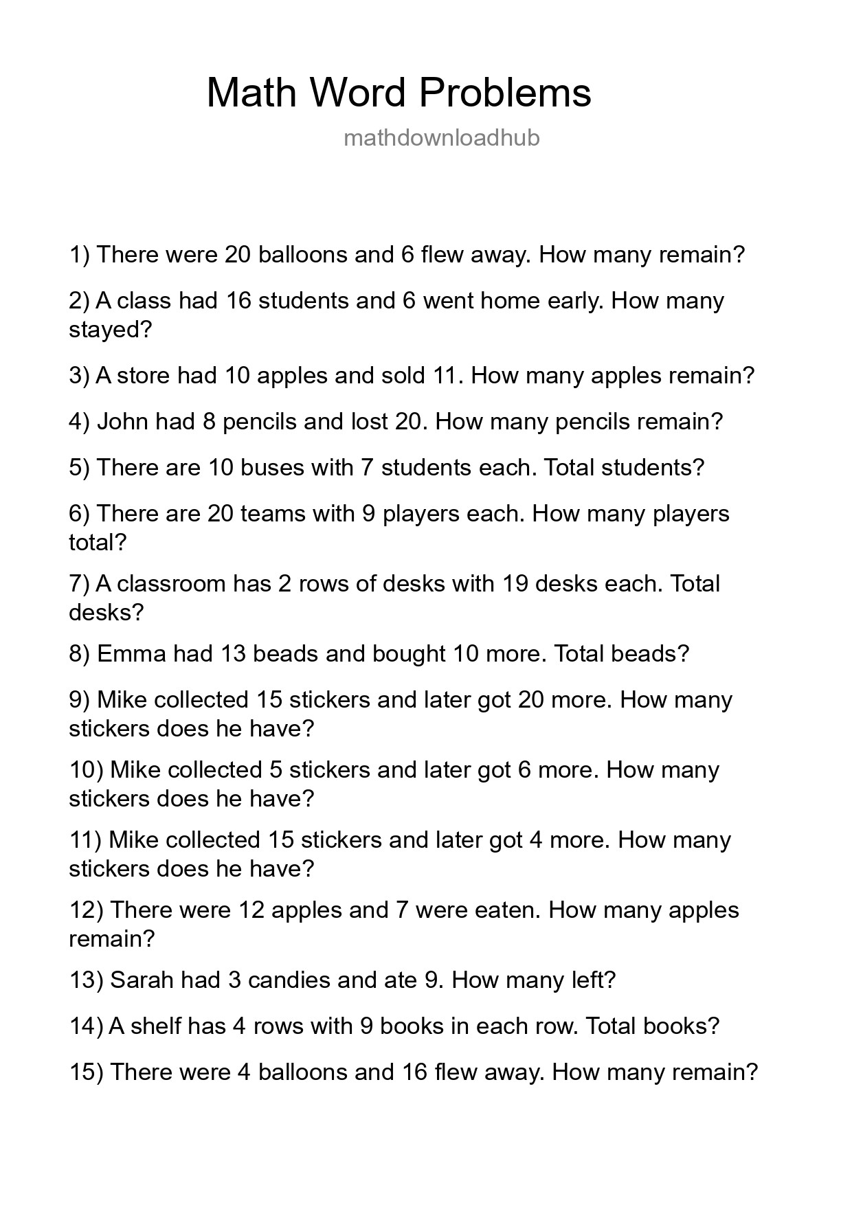 Math Word Problem Worksheet