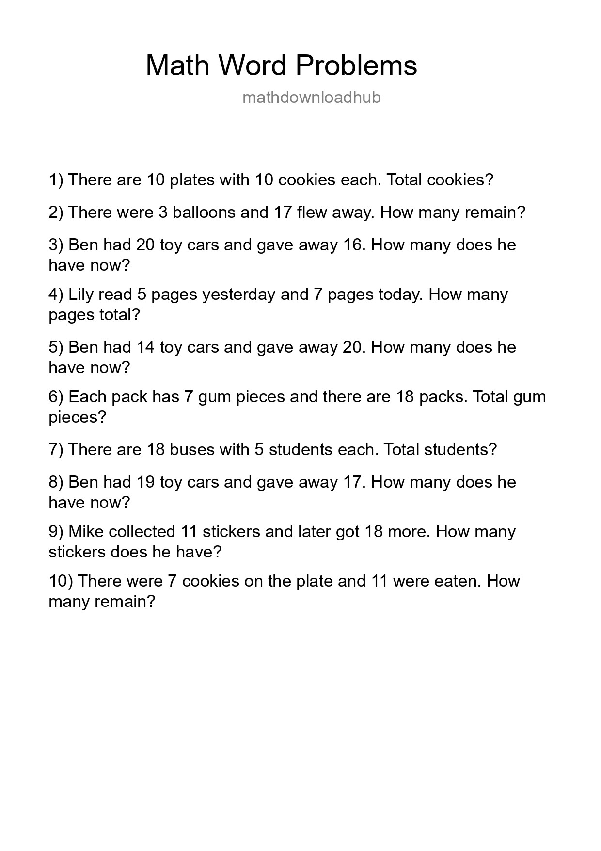 Math Word Problem Worksheet