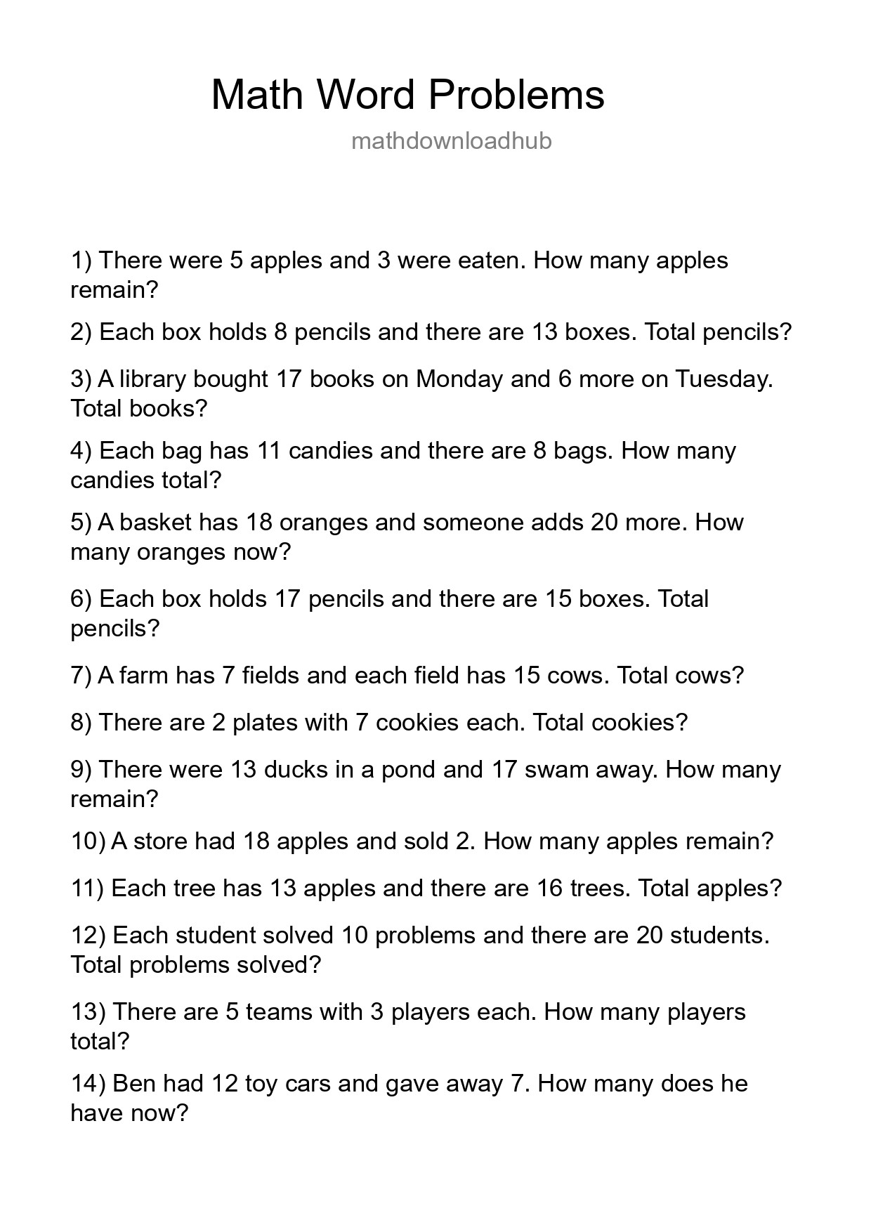 Math Word Problem Worksheet