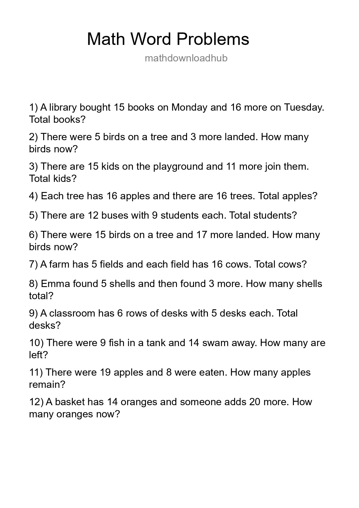 Math Word Problem Worksheet