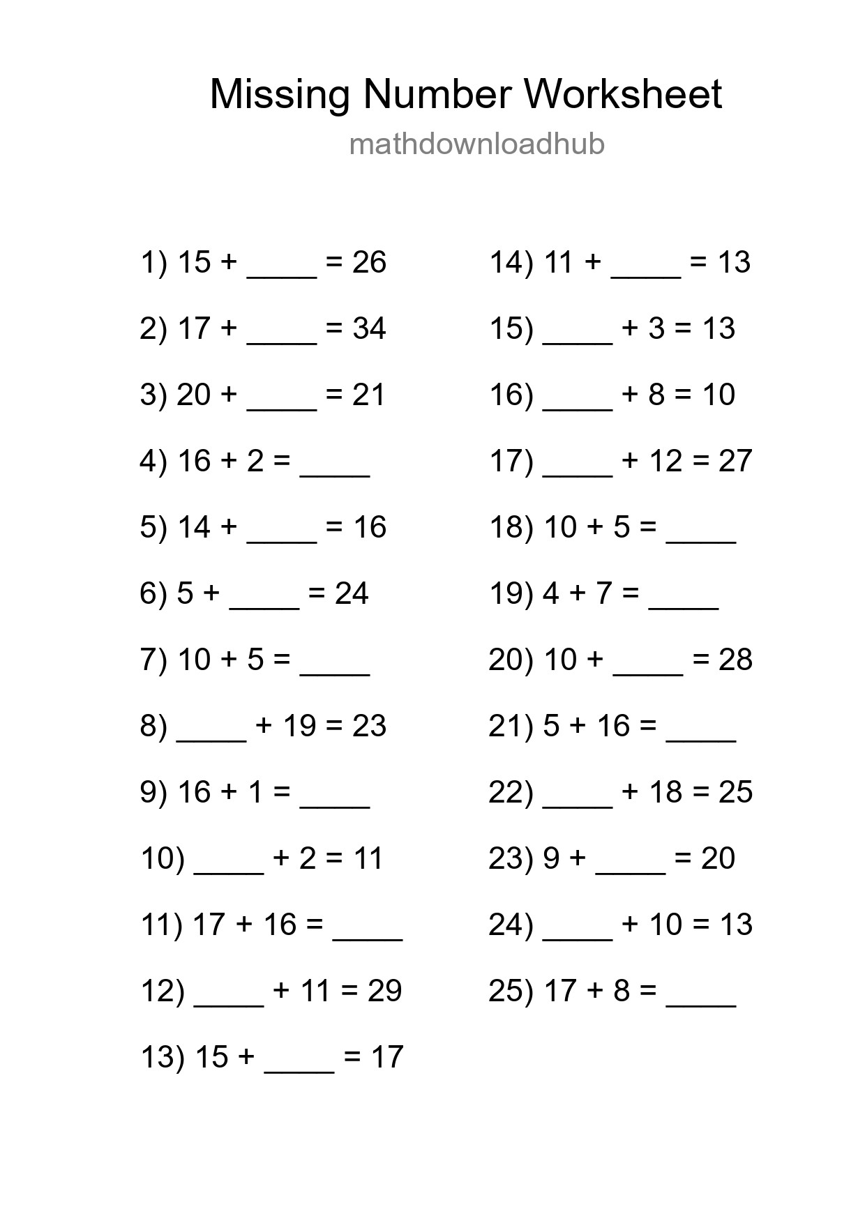 Missing Number Math Worksheet