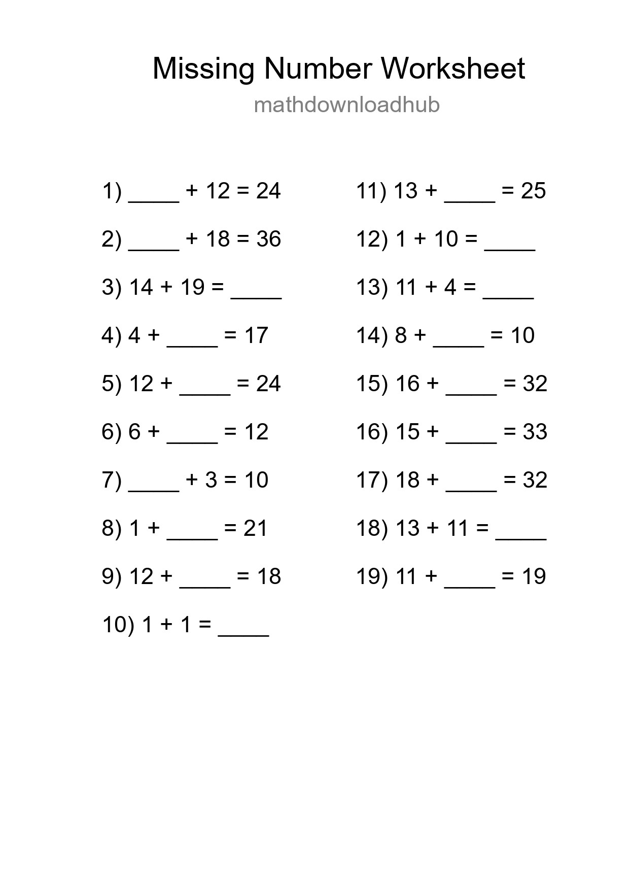 Missing Number Math Worksheet