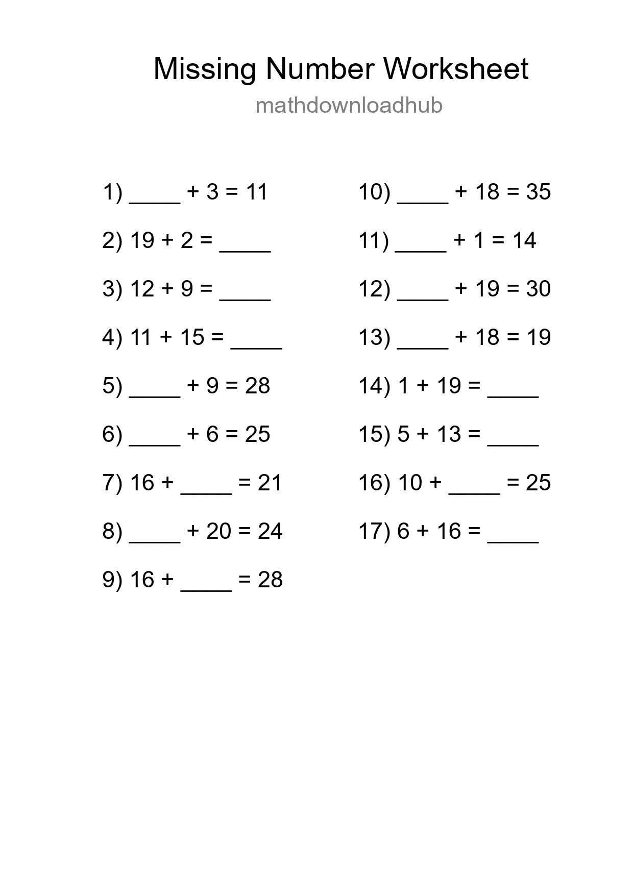 Missing Number Math Worksheet