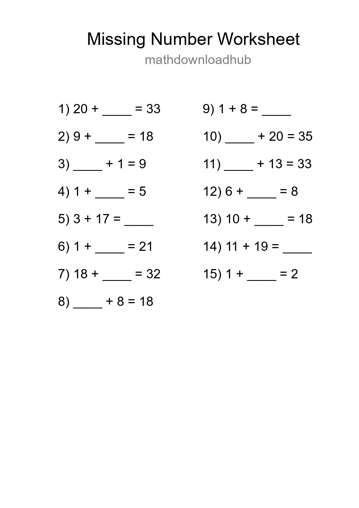Missing Number Math Worksheet